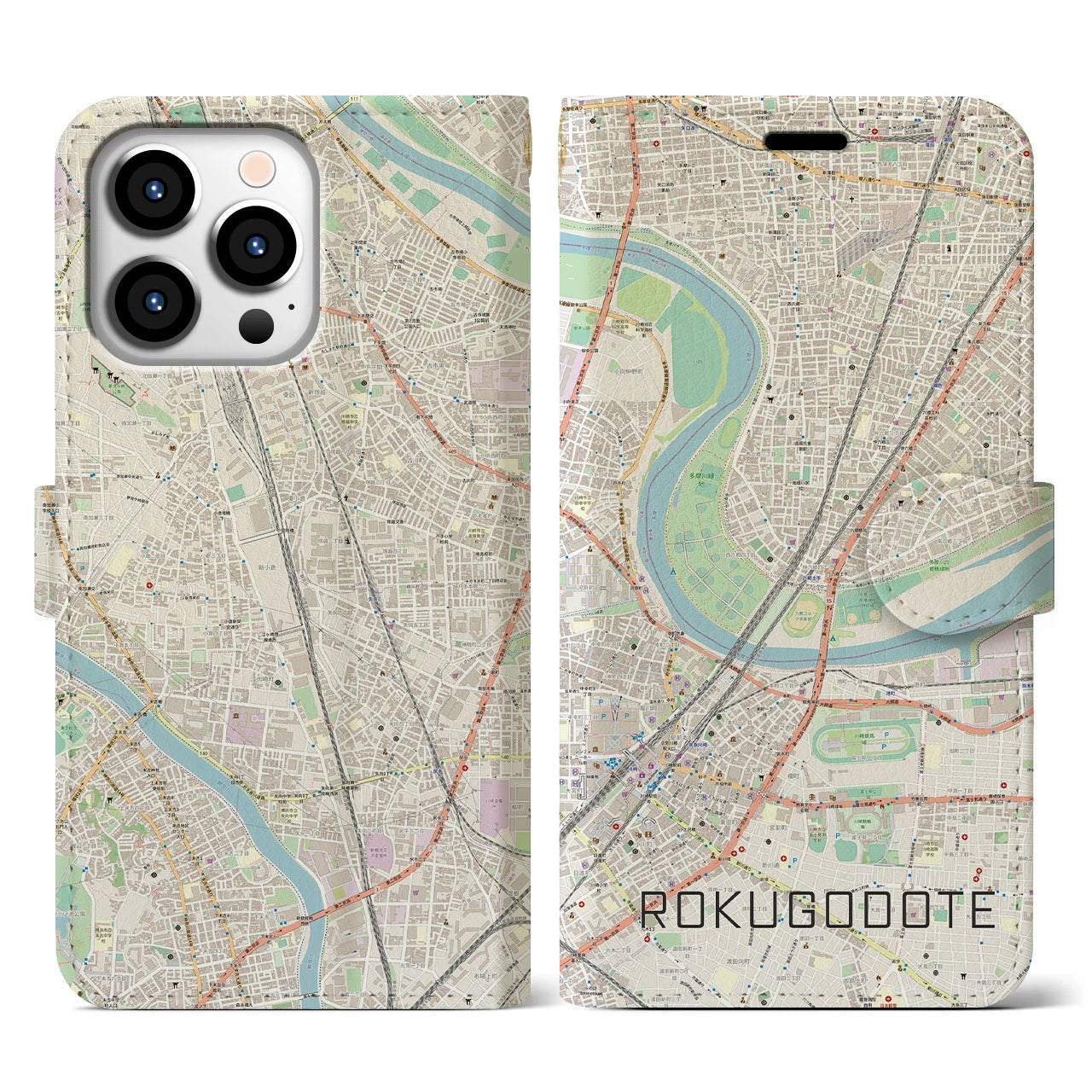 【六郷土手(東京都)】地図柄iPhoneケース(手帳タイプ)ナチュラル・iPhone 13 Pro 用