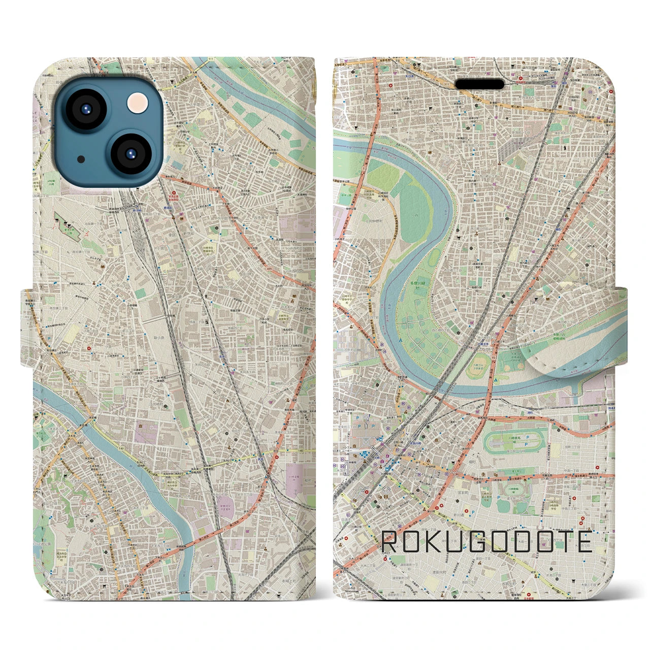 【六郷土手(東京都)】地図柄iPhoneケース(手帳タイプ)ナチュラル・iPhone 13 用