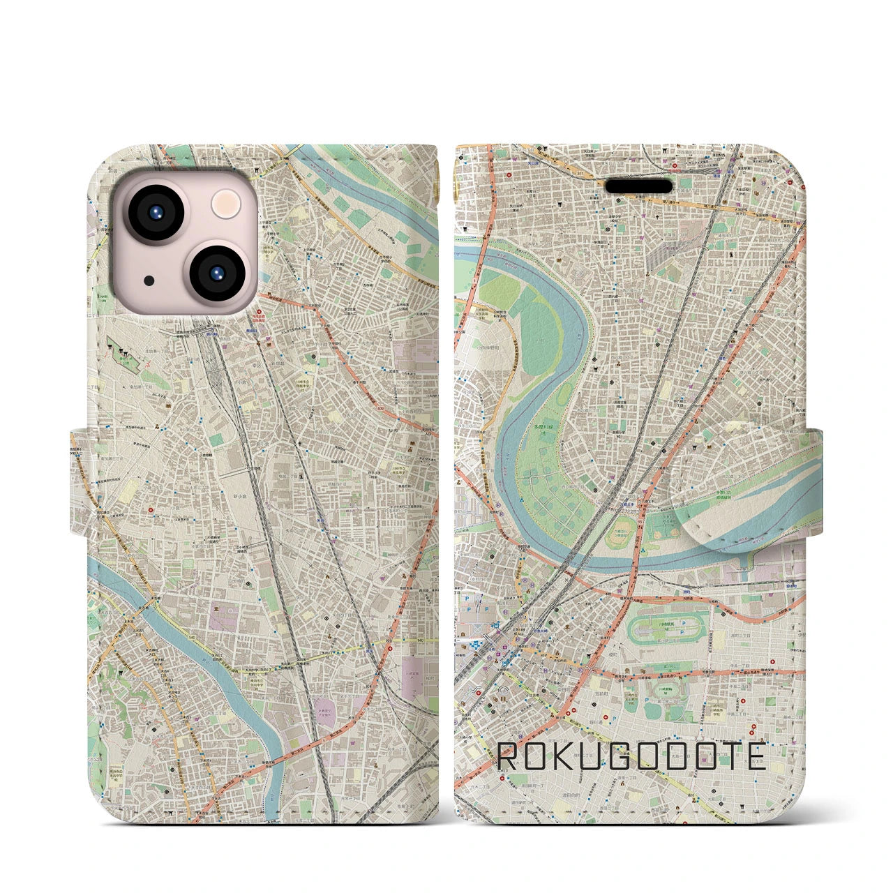 【六郷土手(東京都)】地図柄iPhoneケース(手帳タイプ)ナチュラル・iPhone 13 mini 用