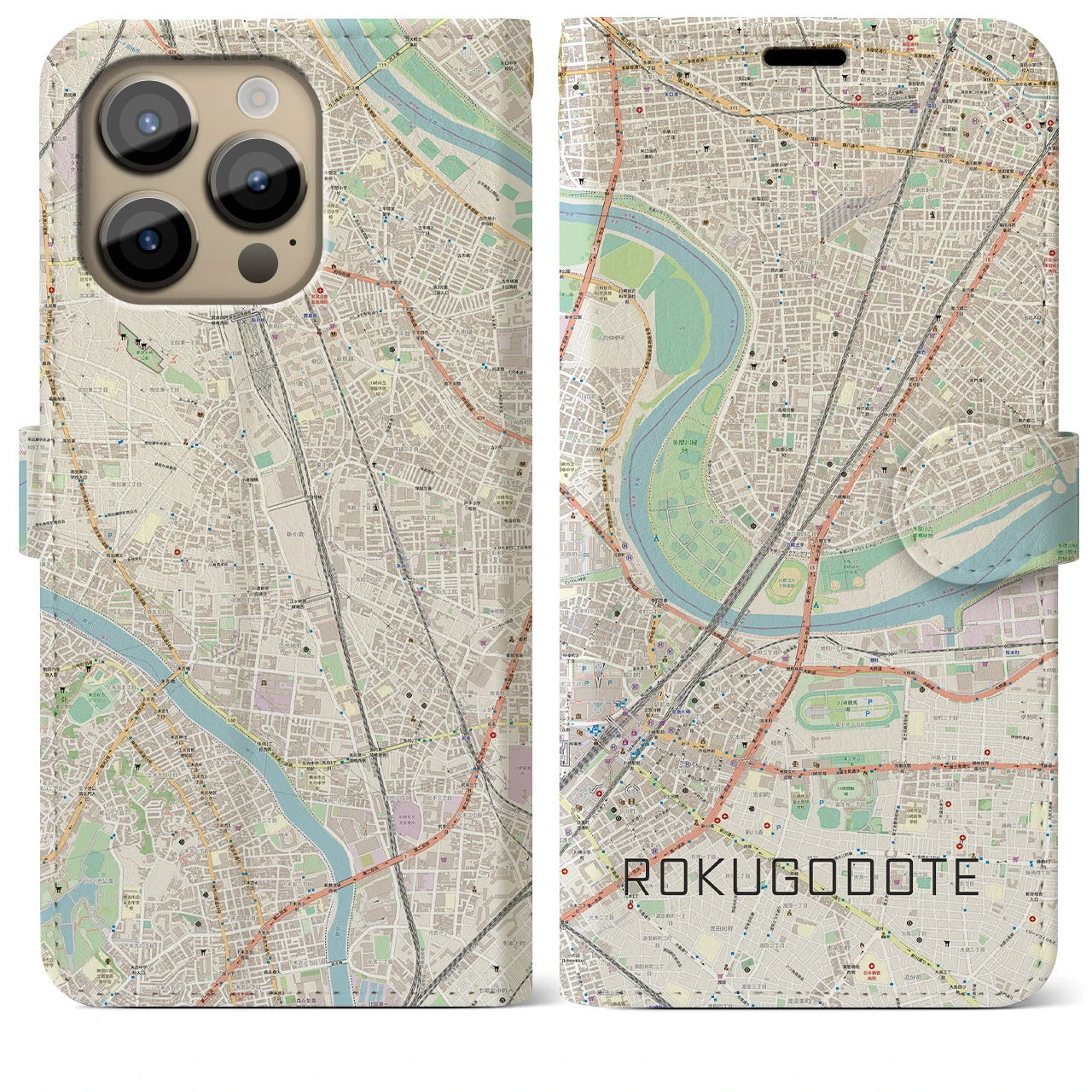 【六郷土手(東京都)】地図柄iPhoneケース(手帳タイプ)ナチュラル・iPhone 14 Pro Max 用