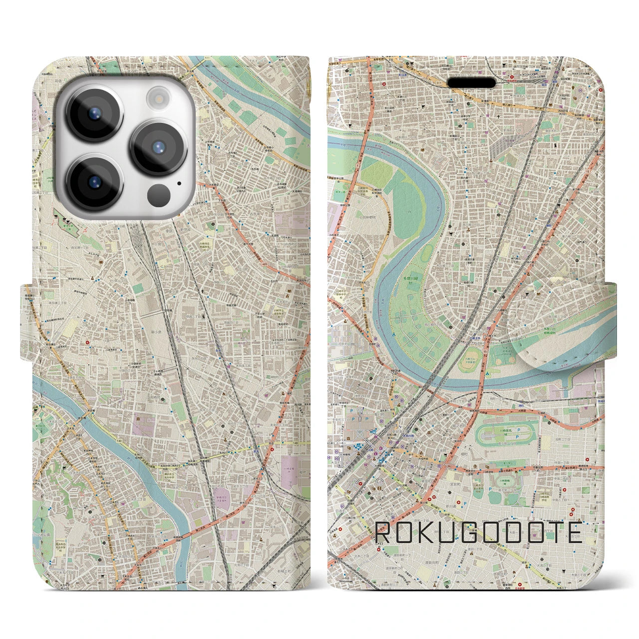 【六郷土手(東京都)】地図柄iPhoneケース(手帳タイプ)ナチュラル・iPhone 14 Pro 用