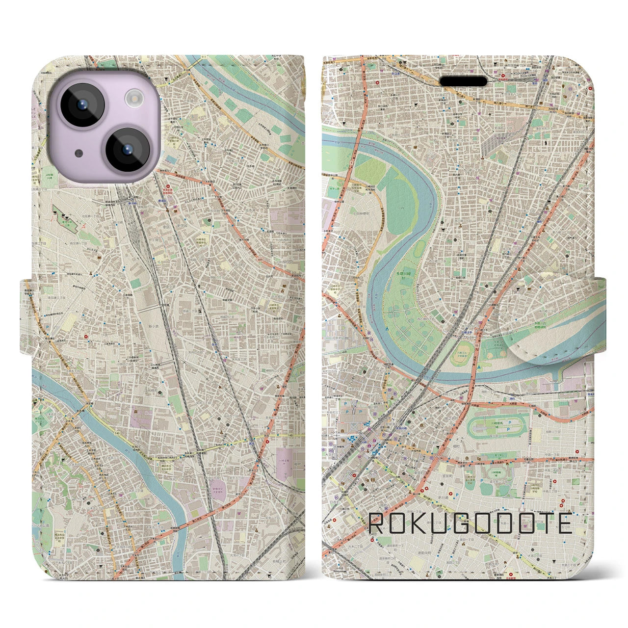 【六郷土手(東京都)】地図柄iPhoneケース(手帳タイプ)ナチュラル・iPhone 14 用