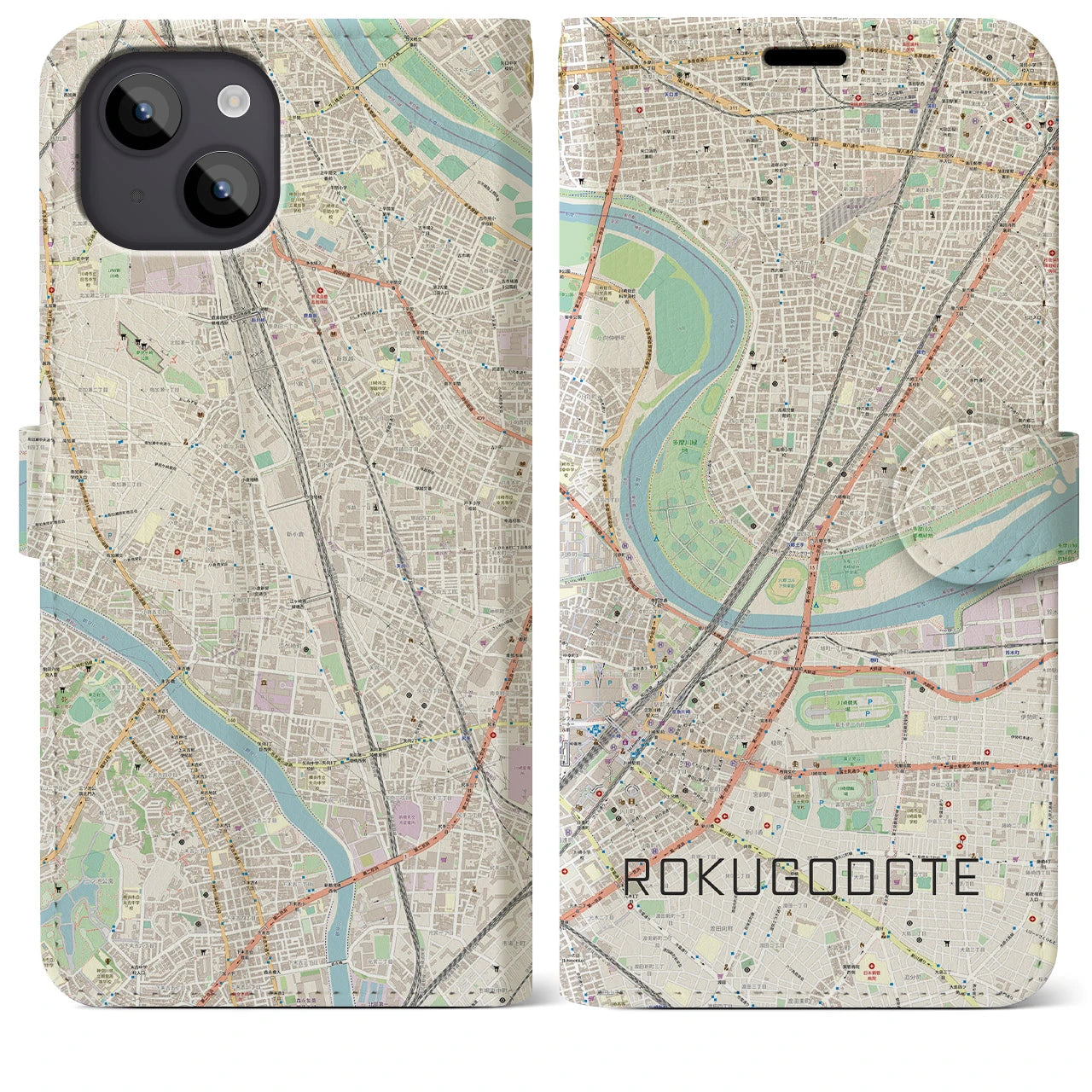 【六郷土手(東京都)】地図柄iPhoneケース(手帳タイプ)ナチュラル・iPhone 14 Plus 用