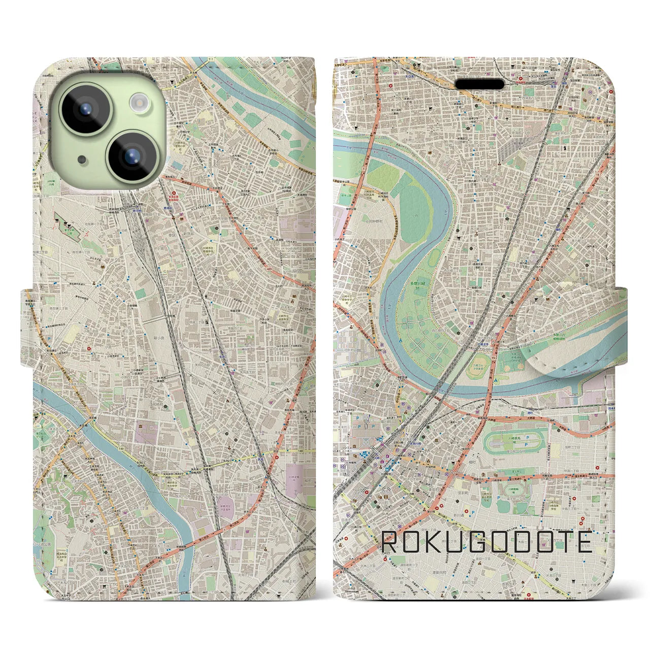 【六郷土手(東京都)】地図柄iPhoneケース(手帳タイプ)ナチュラル・iPhone 15 用