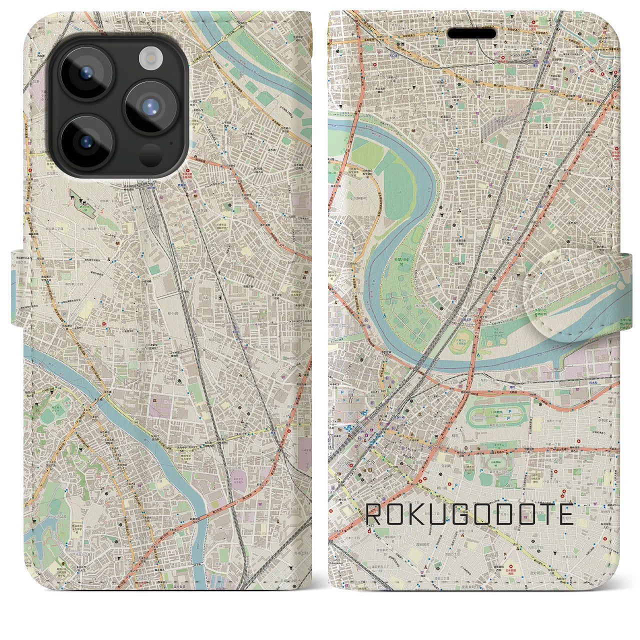 【六郷土手(東京都)】地図柄iPhoneケース(手帳タイプ)ナチュラル・iPhone 15 Pro Max 用