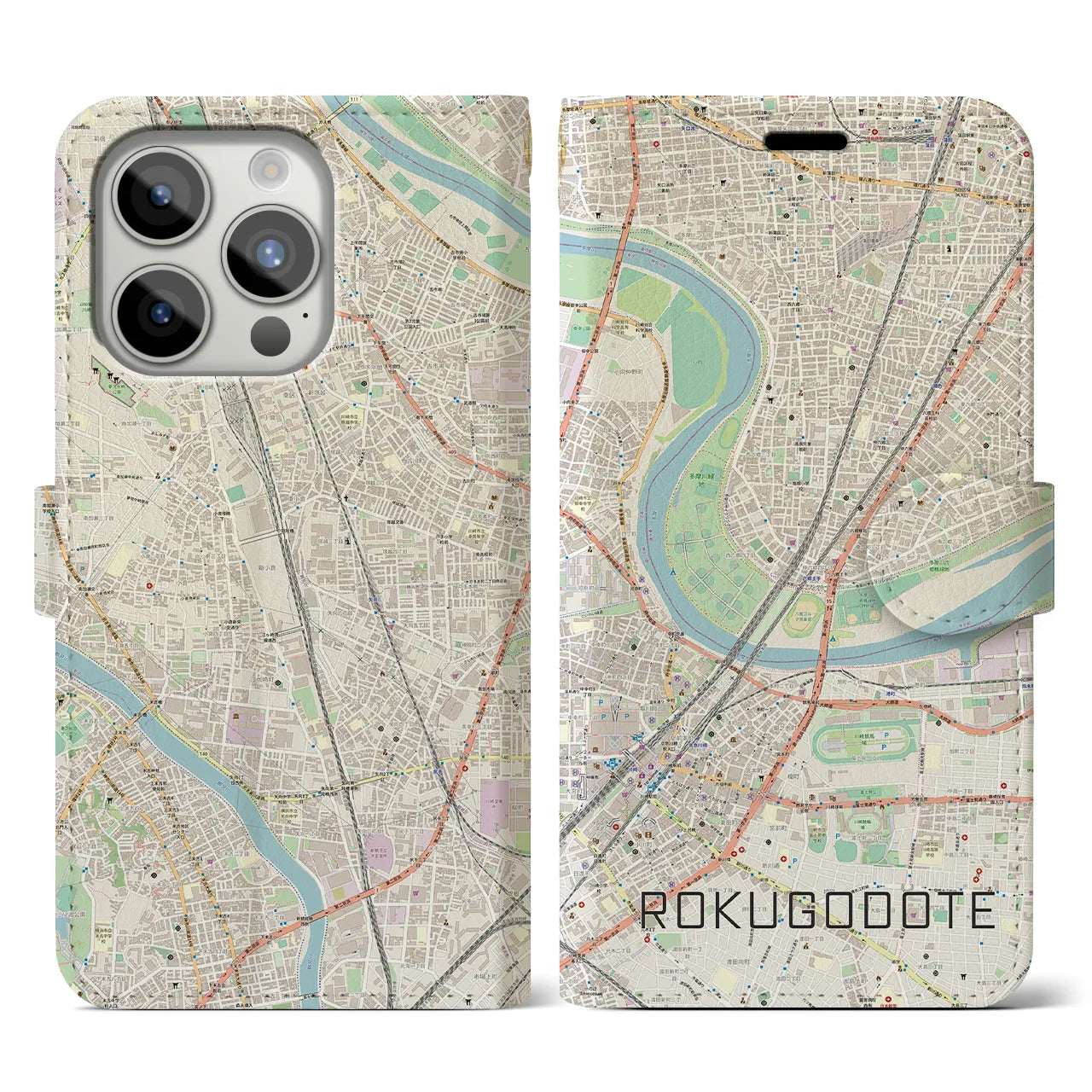 【六郷土手(東京都)】地図柄iPhoneケース(手帳タイプ)ナチュラル・iPhone 15 Pro 用