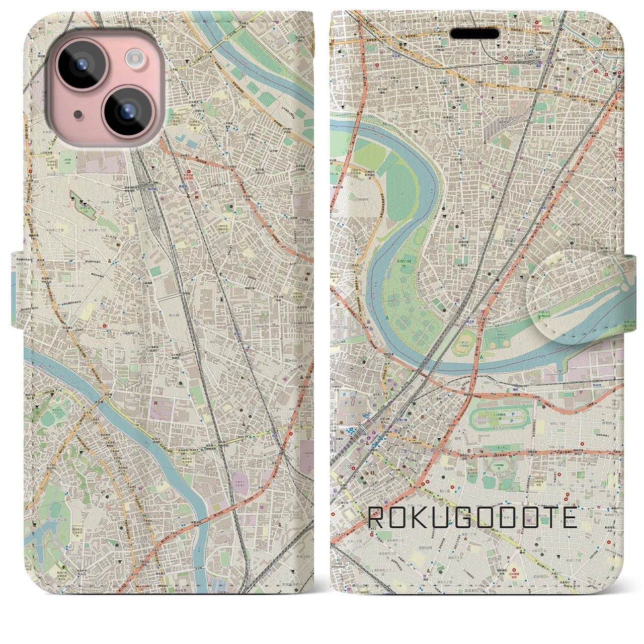 【六郷土手(東京都)】地図柄iPhoneケース(手帳タイプ)ナチュラル・iPhone 15 Plus 用