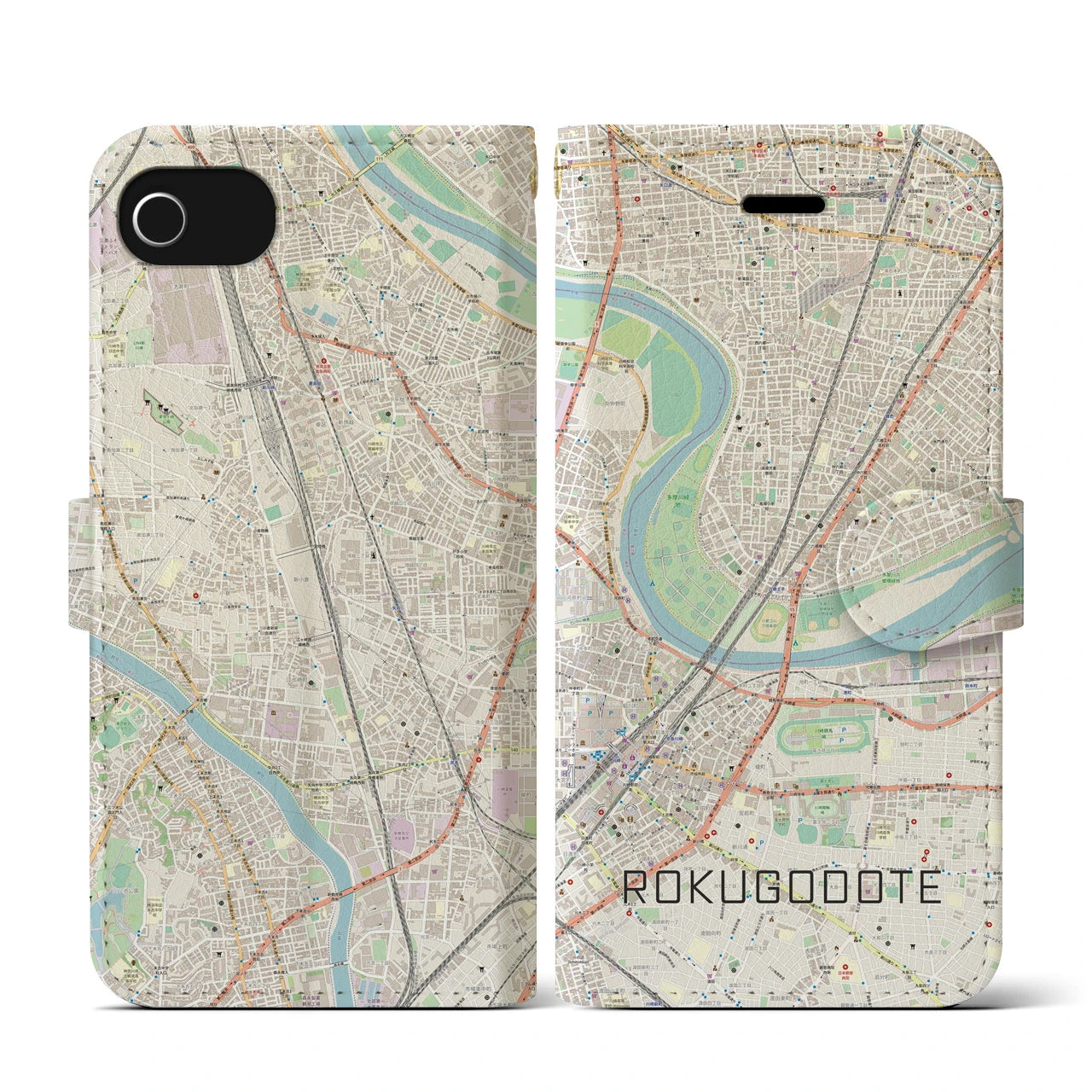【六郷土手(東京都)】地図柄iPhoneケース(手帳タイプ)ナチュラル・iPhone SE(第3 / 第2世代) / 8 / 7 / 6s / 6 用