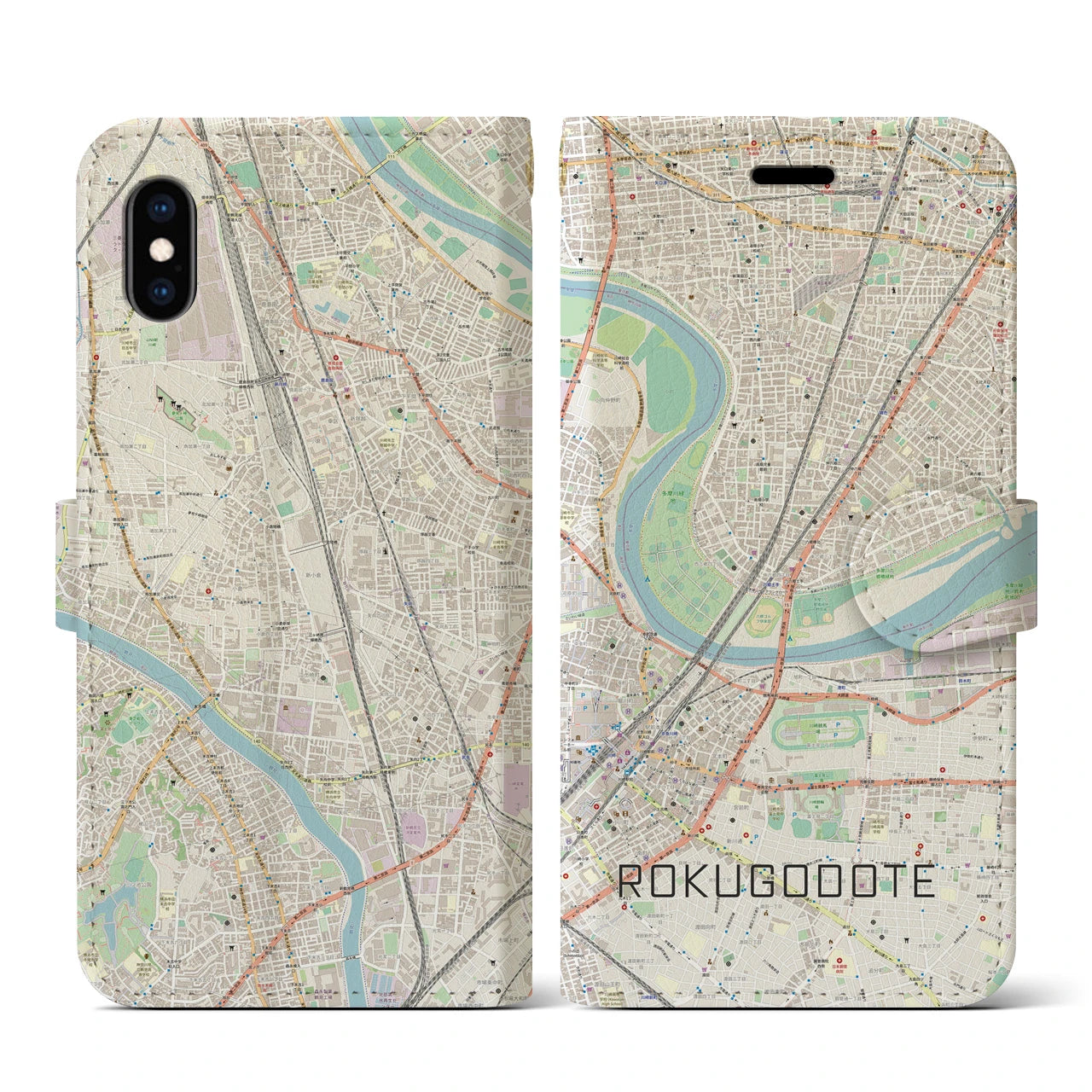 【六郷土手(東京都)】地図柄iPhoneケース(手帳タイプ)ナチュラル・iPhone XS / X 用