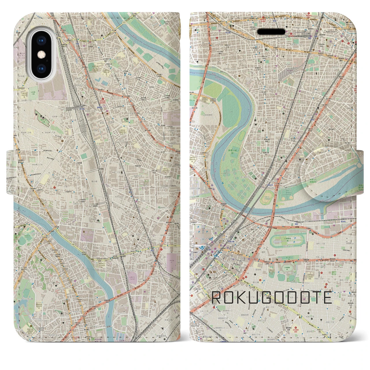 【六郷土手(東京都)】地図柄iPhoneケース(手帳タイプ)ナチュラル・iPhone XS Max 用