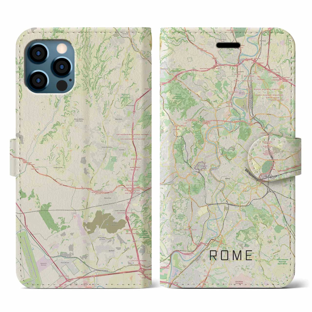 【ローマ(イタリア)】地図柄iPhoneケース(手帳タイプ)ナチュラル・iPhone 12 / 12 Pro 用