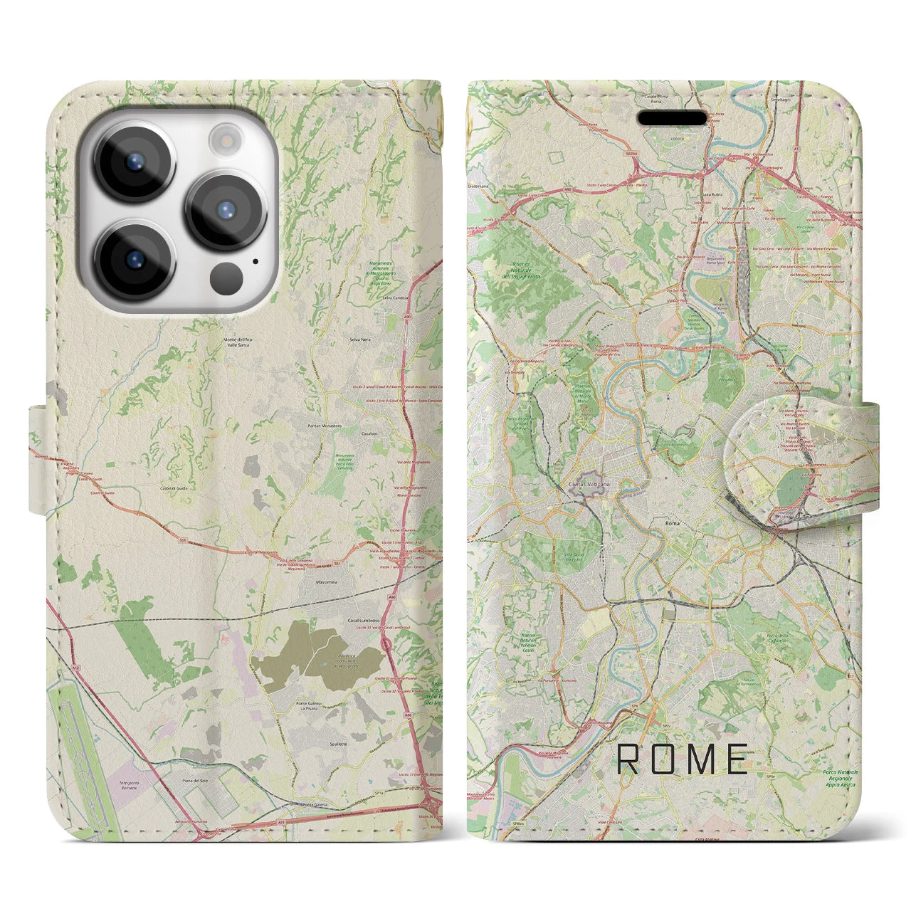 【ローマ(イタリア)】地図柄iPhoneケース(手帳タイプ)ナチュラル・iPhone 14 Pro 用