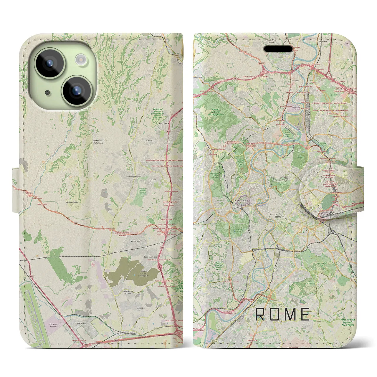 【ローマ(イタリア)】地図柄iPhoneケース(手帳タイプ)ナチュラル・iPhone 15 用