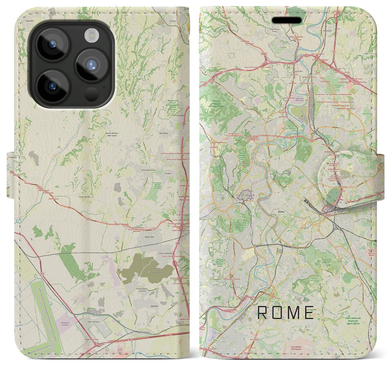 【ローマ(イタリア)】地図柄iPhoneケース(手帳タイプ)ナチュラル・iPhone 15 Pro Max 用