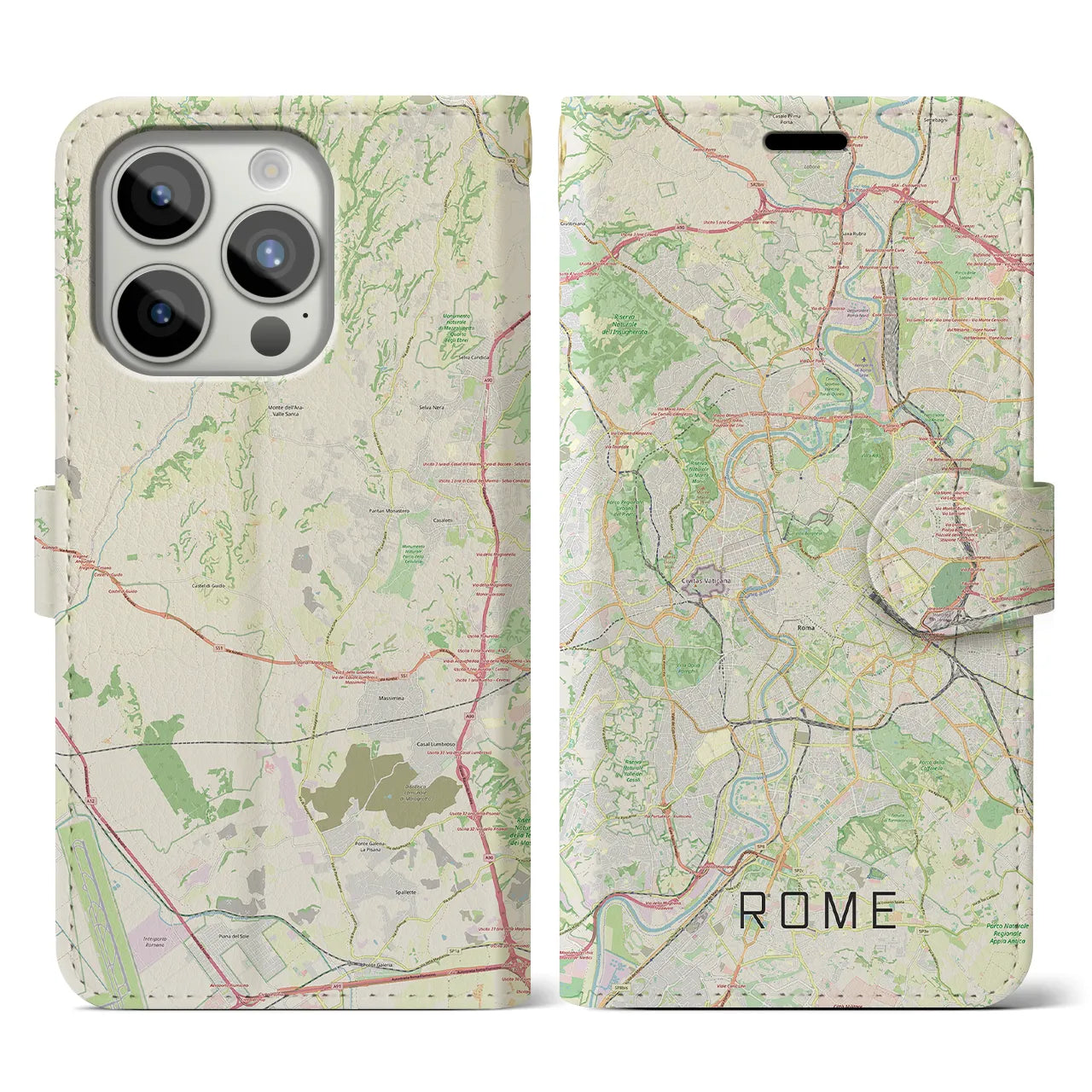 【ローマ(イタリア)】地図柄iPhoneケース(手帳タイプ)ナチュラル・iPhone 15 Pro 用