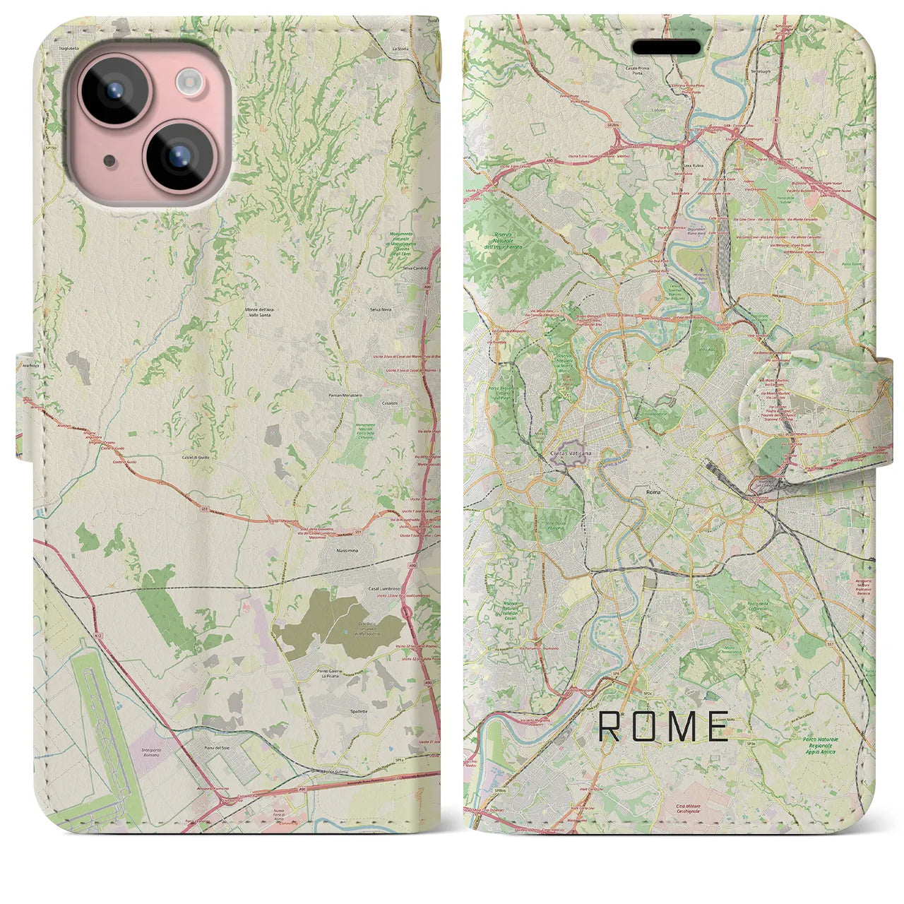 【ローマ(イタリア)】地図柄iPhoneケース(手帳タイプ)ナチュラル・iPhone 15 Plus 用