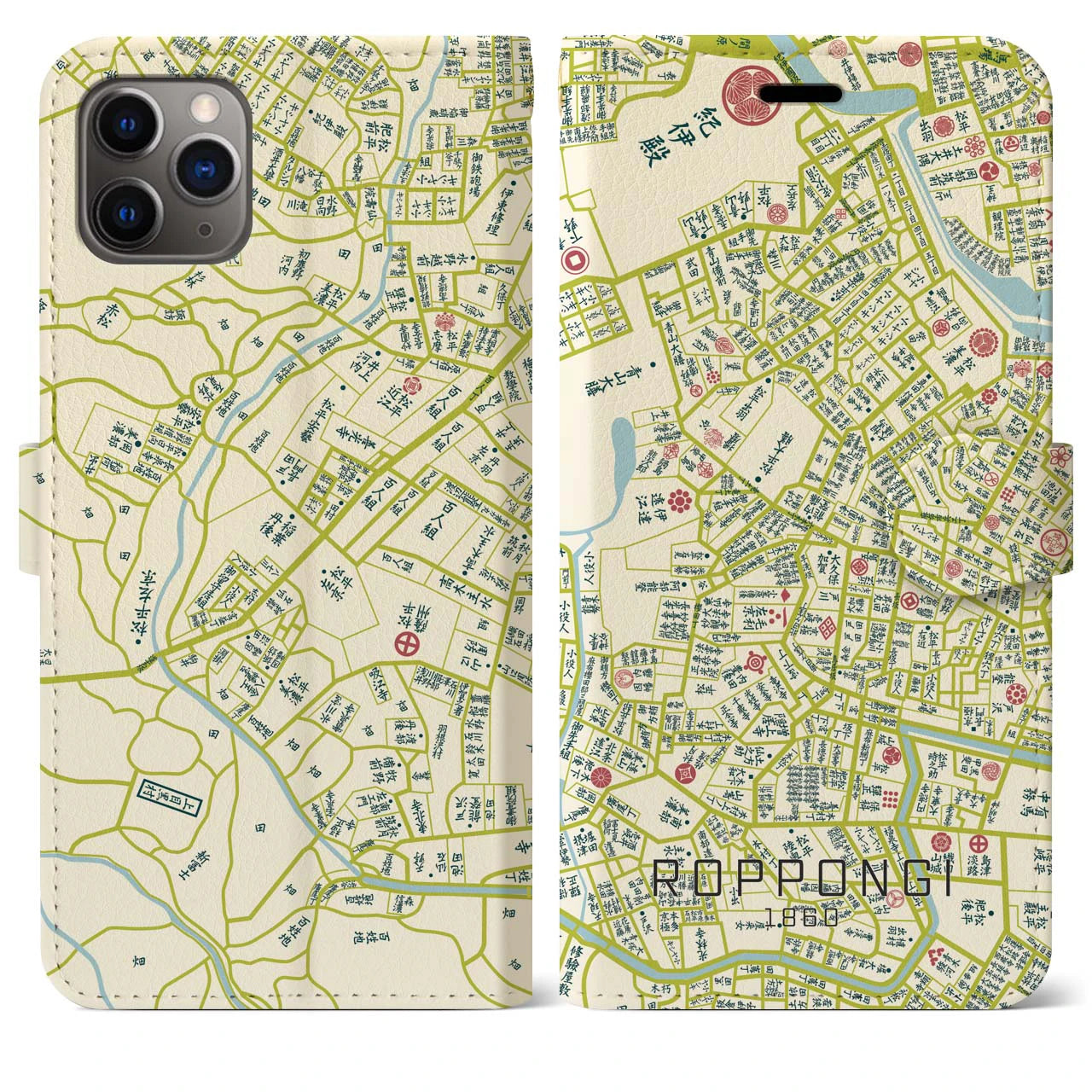 【六本木1860】地図柄iPhoneケース(手帳両面タイプ・ナチュラル)iPhone 11 Pro Max 用
