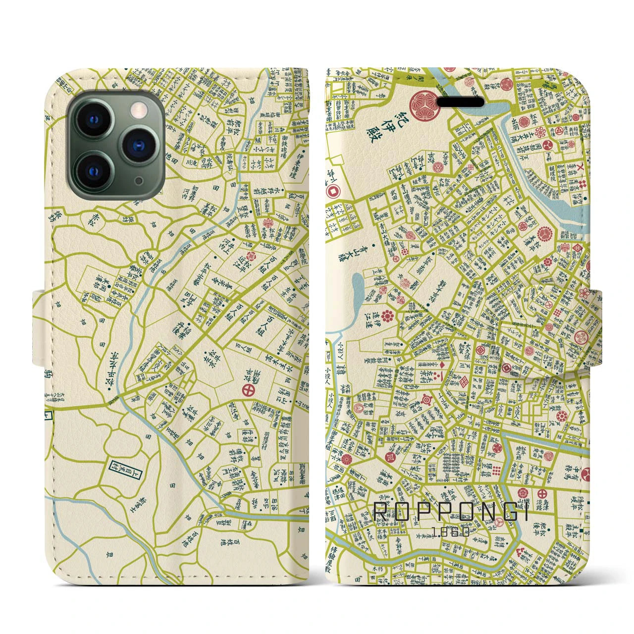 【六本木1860】地図柄iPhoneケース(手帳両面タイプ・ナチュラル)iPhone 11 Pro 用