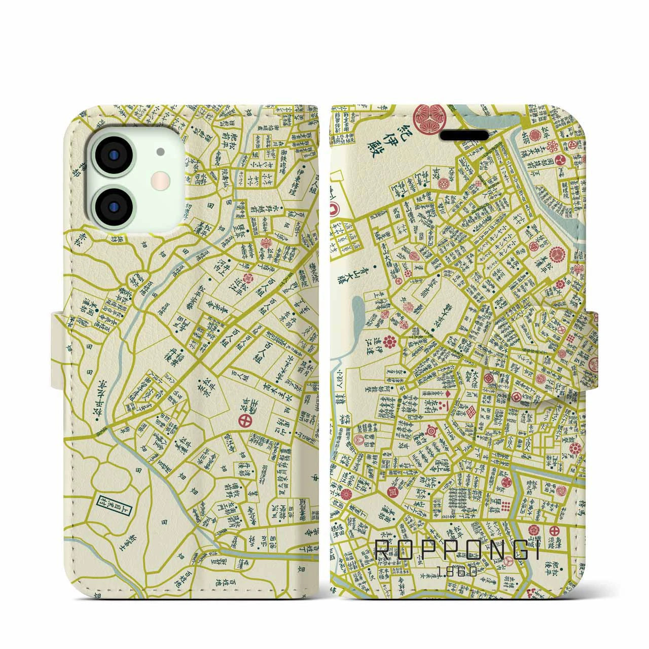 【六本木1860】地図柄iPhoneケース(手帳両面タイプ・ナチュラル)iPhone 12 mini 用