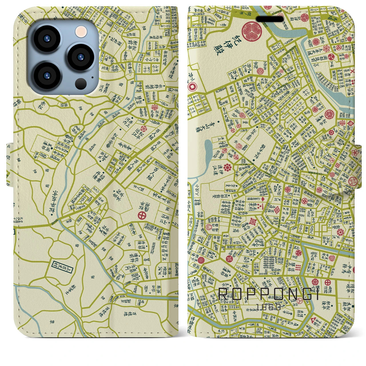 【六本木1860】地図柄iPhoneケース(手帳両面タイプ・ナチュラル)iPhone 13 Pro Max 用