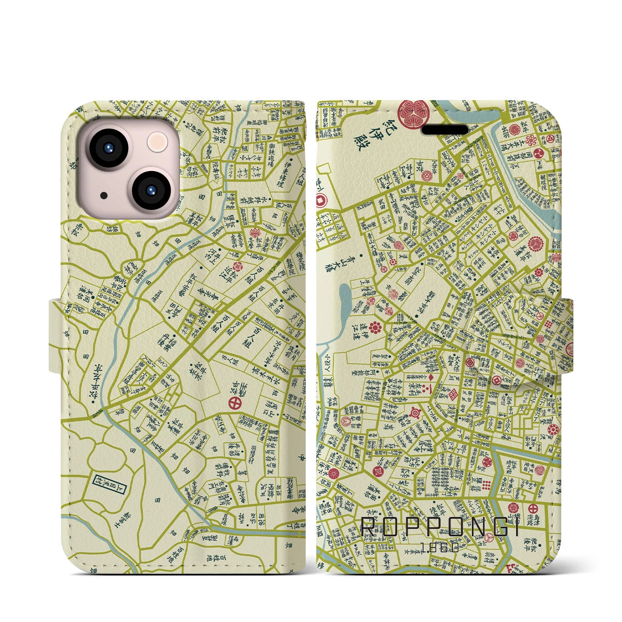 【六本木1860】地図柄iPhoneケース(手帳両面タイプ・ナチュラル)iPhone 13 mini 用