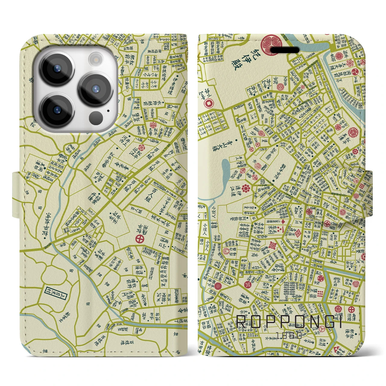 【六本木1860】地図柄iPhoneケース(手帳両面タイプ・ナチュラル)iPhone 14 Pro 用