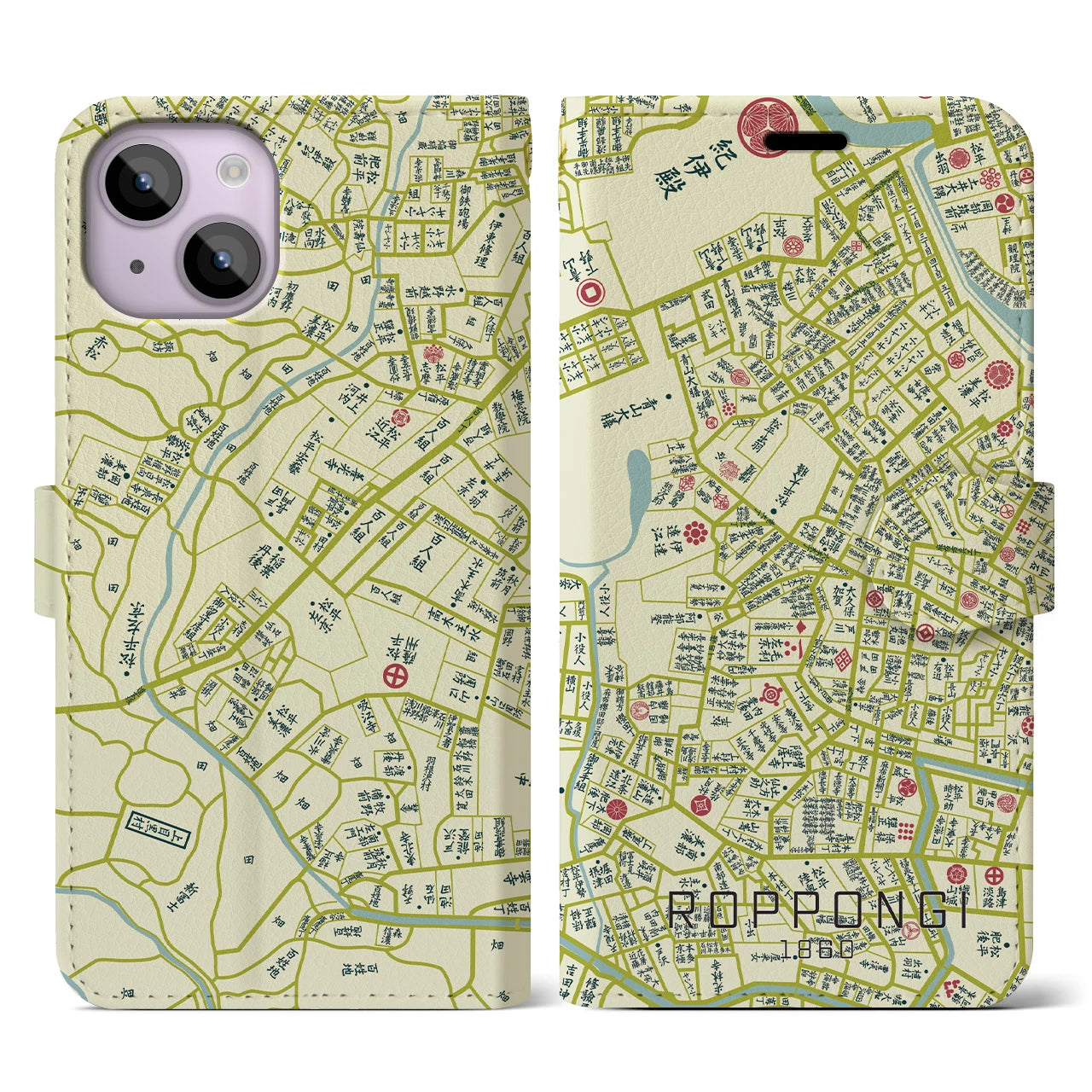 【六本木1860】地図柄iPhoneケース(手帳両面タイプ・ナチュラル)iPhone 14 用