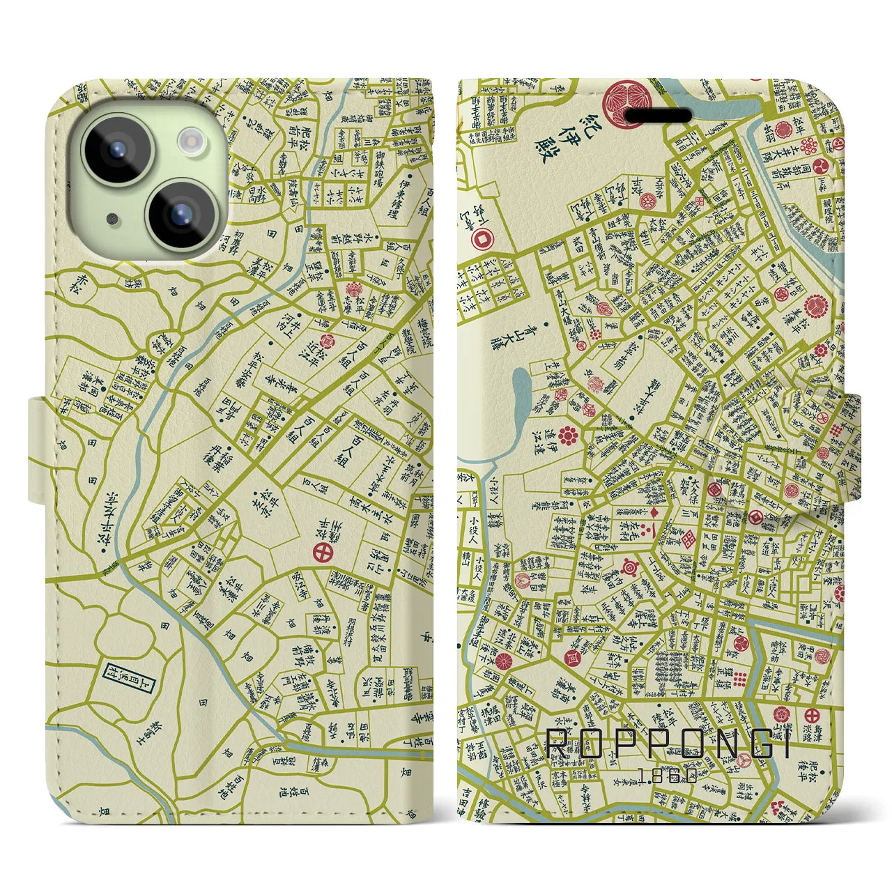 【六本木1860】地図柄iPhoneケース(手帳両面タイプ・ナチュラル)iPhone 15 用
