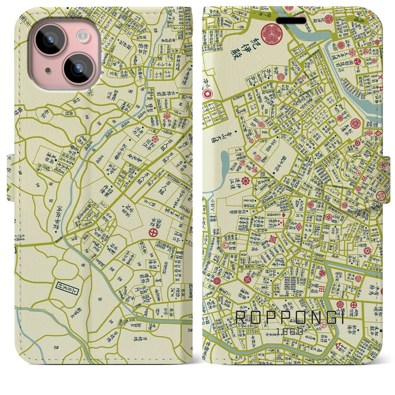 【六本木1860】地図柄iPhoneケース(手帳両面タイプ・ナチュラル)iPhone 15 Plus 用