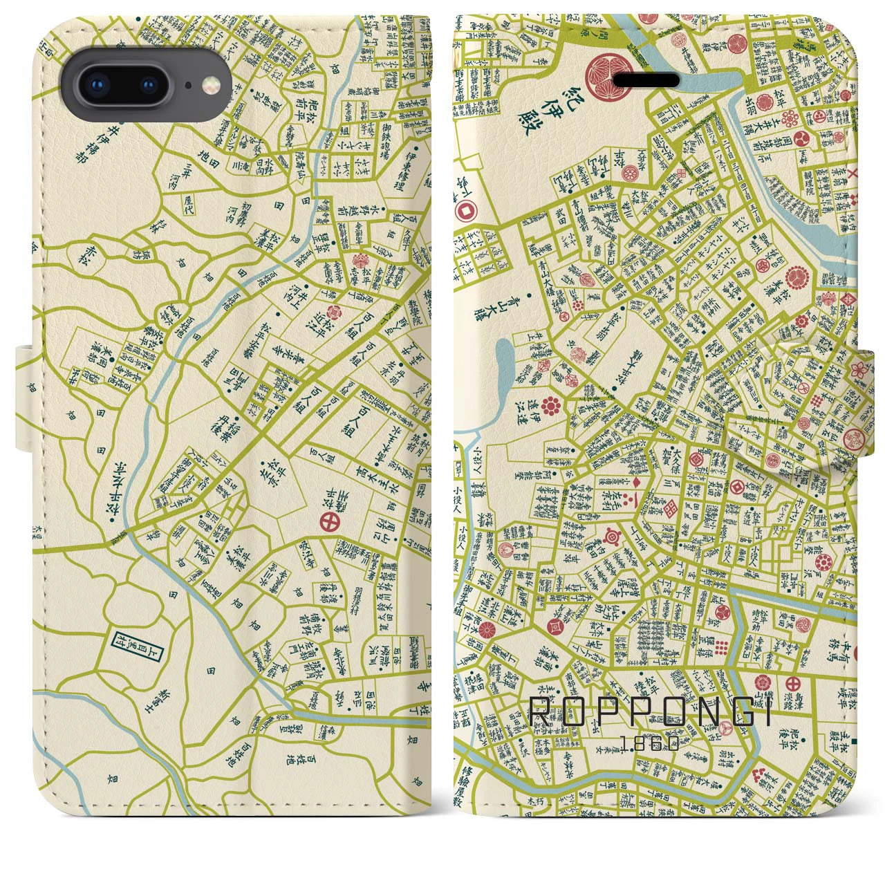 【六本木1860】地図柄iPhoneケース(手帳両面タイプ・ナチュラル)iPhone 8Plus /7Plus / 6sPlus / 6Plus 用