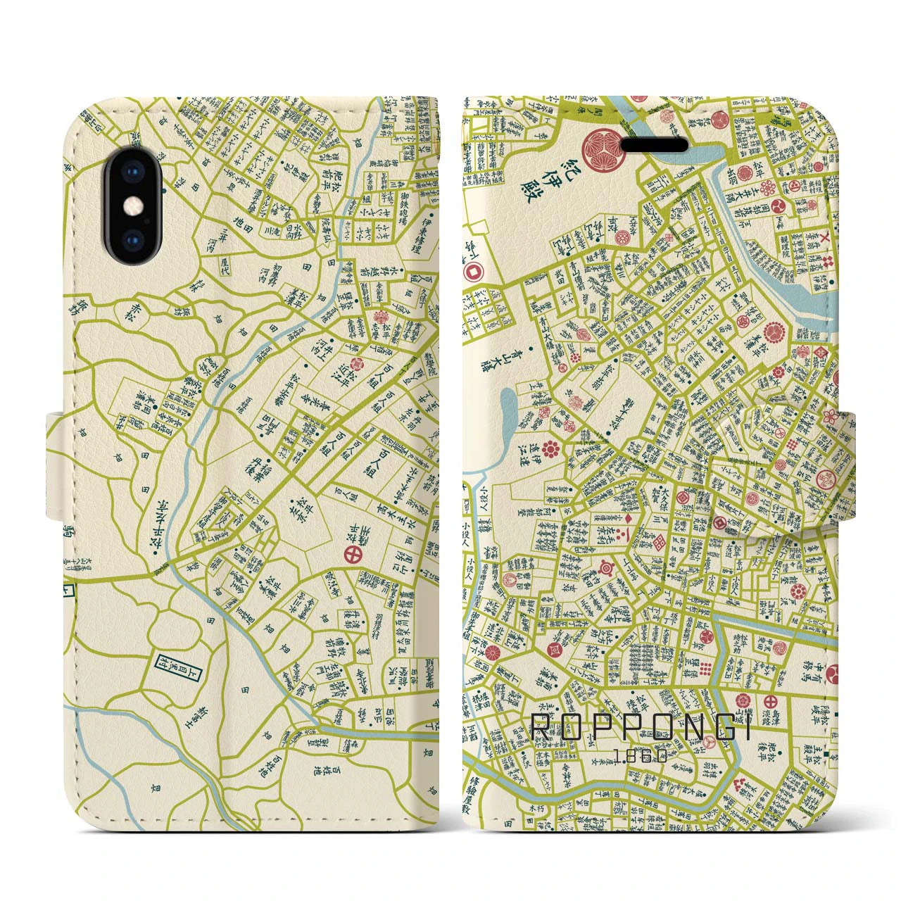【六本木1860】地図柄iPhoneケース(手帳両面タイプ・ナチュラル)iPhone XS / X 用