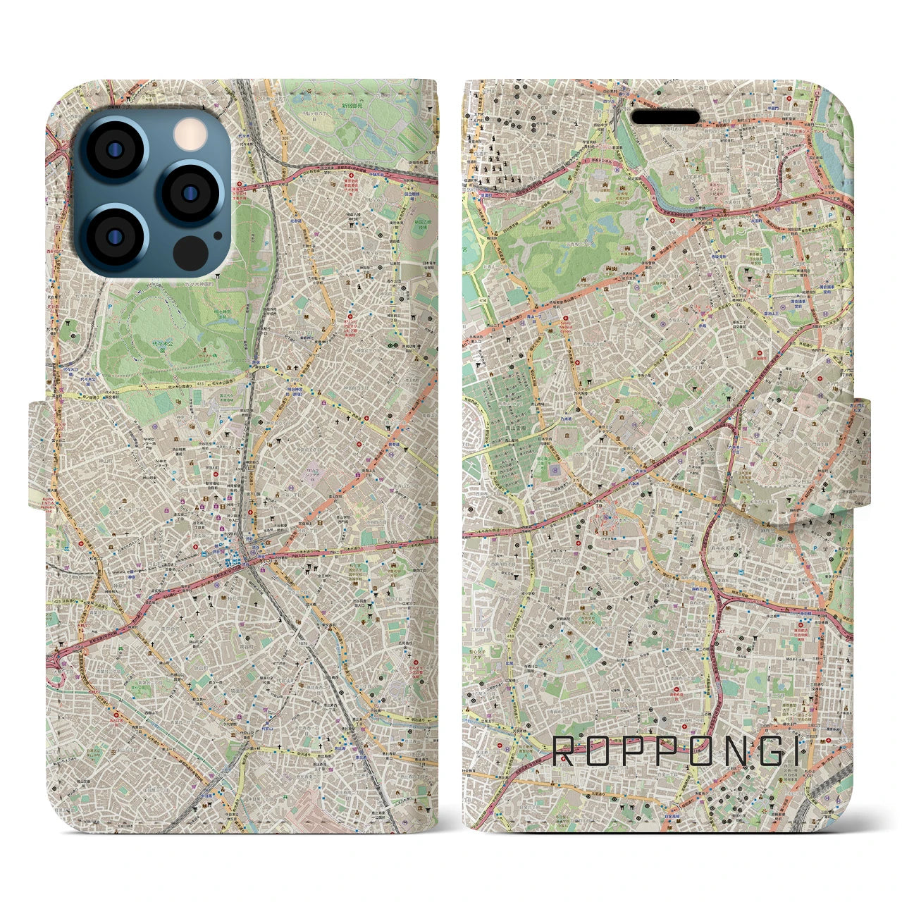【六本木(東京都)】地図柄iPhoneケース(手帳タイプ)ナチュラル・iPhone 12 / 12 Pro 用