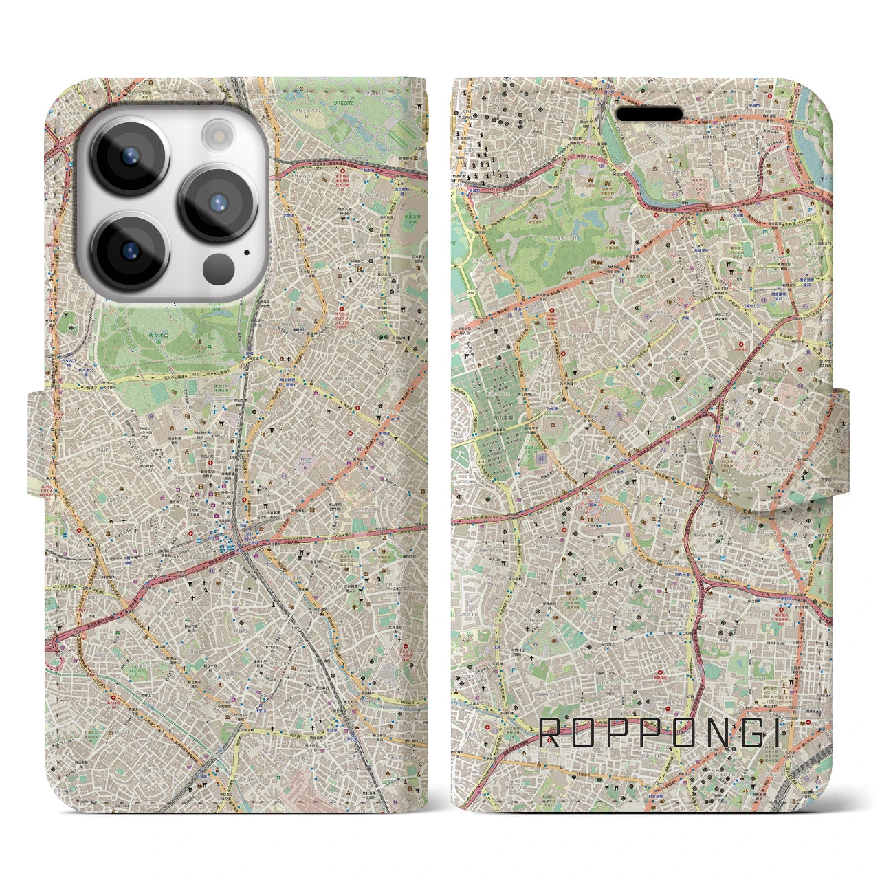 【六本木(東京都)】地図柄iPhoneケース(手帳タイプ)ナチュラル・iPhone 14 Pro 用