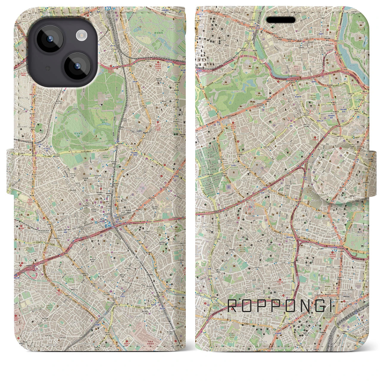 【六本木(東京都)】地図柄iPhoneケース(手帳タイプ)ナチュラル・iPhone 14 Plus 用