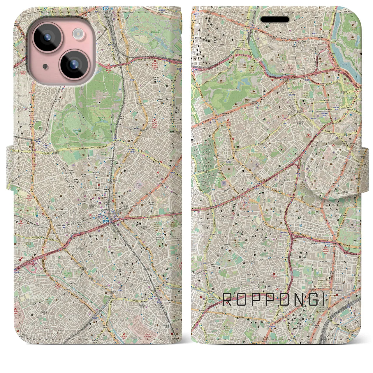 【六本木(東京都)】地図柄iPhoneケース(手帳タイプ)ナチュラル・iPhone 15 Plus 用