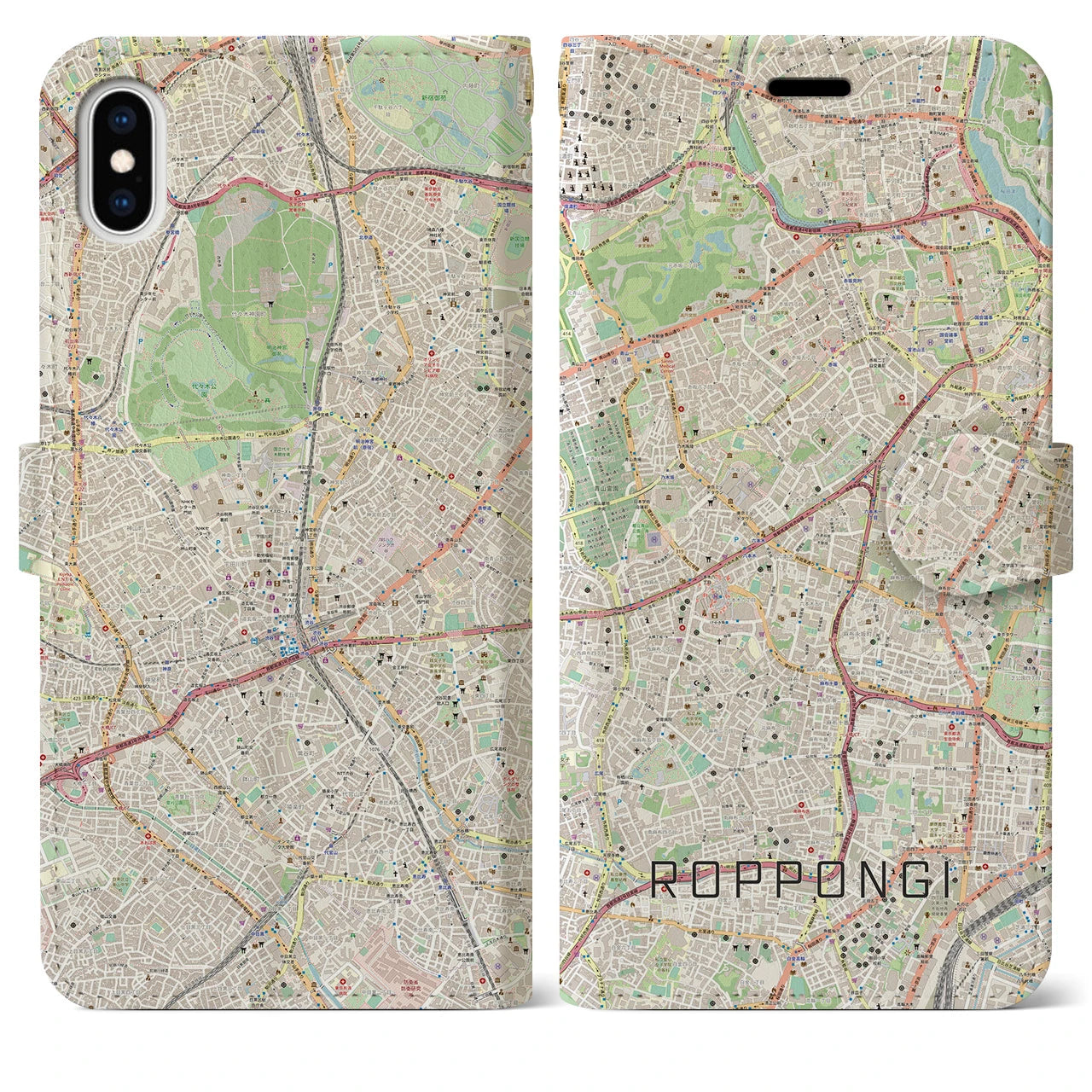 【六本木(東京都)】地図柄iPhoneケース(手帳タイプ)ナチュラル・iPhone XS Max 用