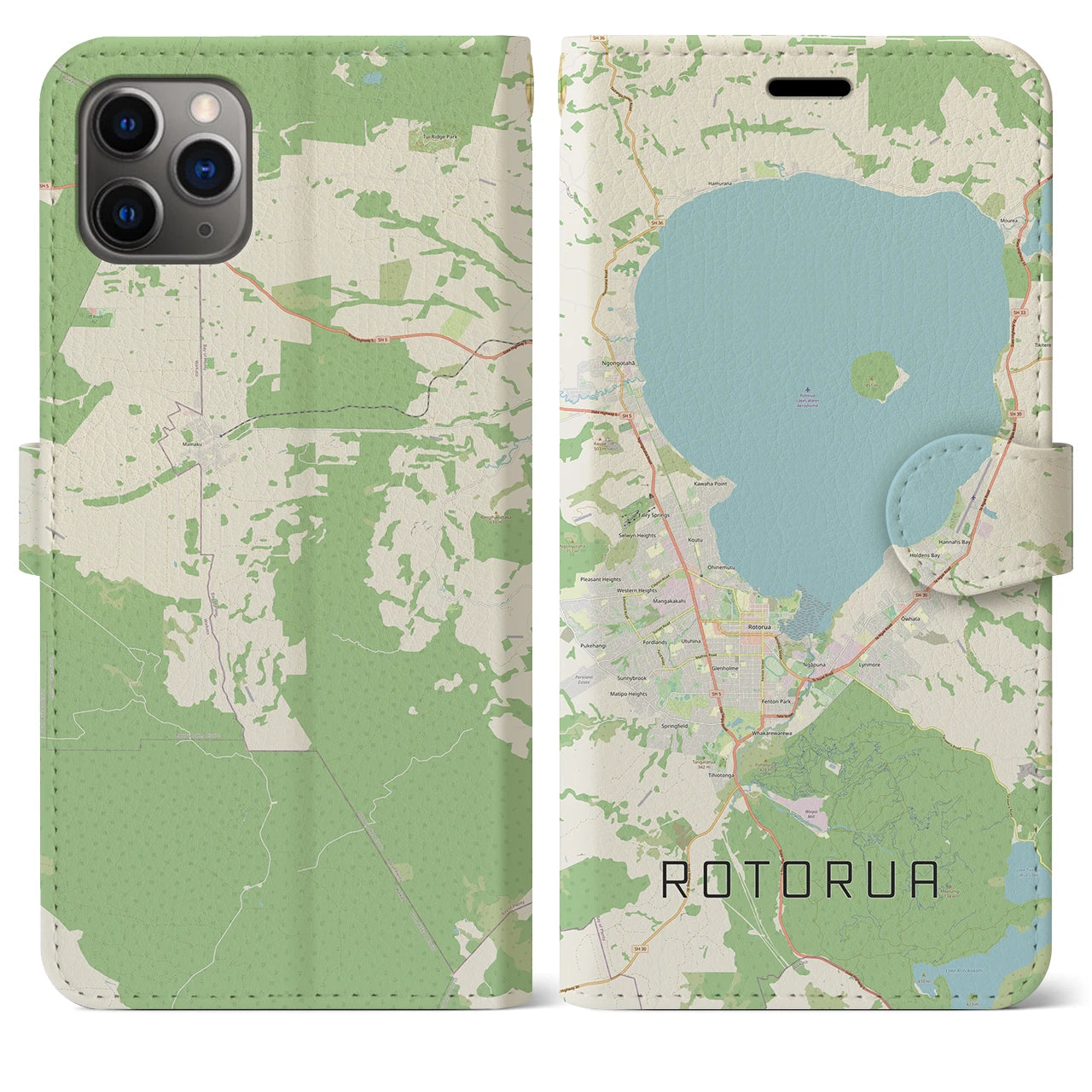 【ロトルア(ニュージーランド)】地図柄iPhoneケース(手帳タイプ)ナチュラル・iPhone 11 Pro Max 用