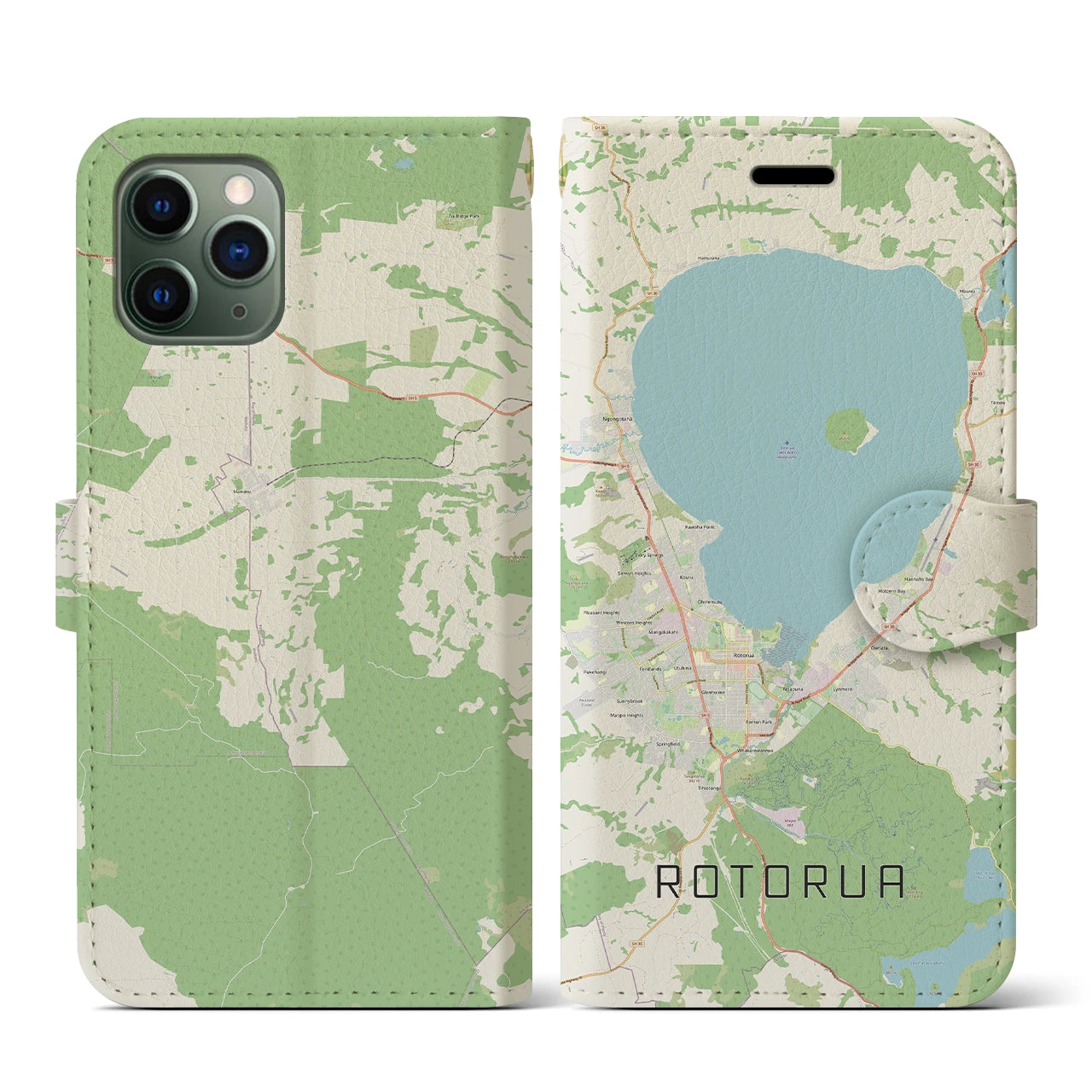 【ロトルア(ニュージーランド)】地図柄iPhoneケース(手帳タイプ)ナチュラル・iPhone 11 Pro 用
