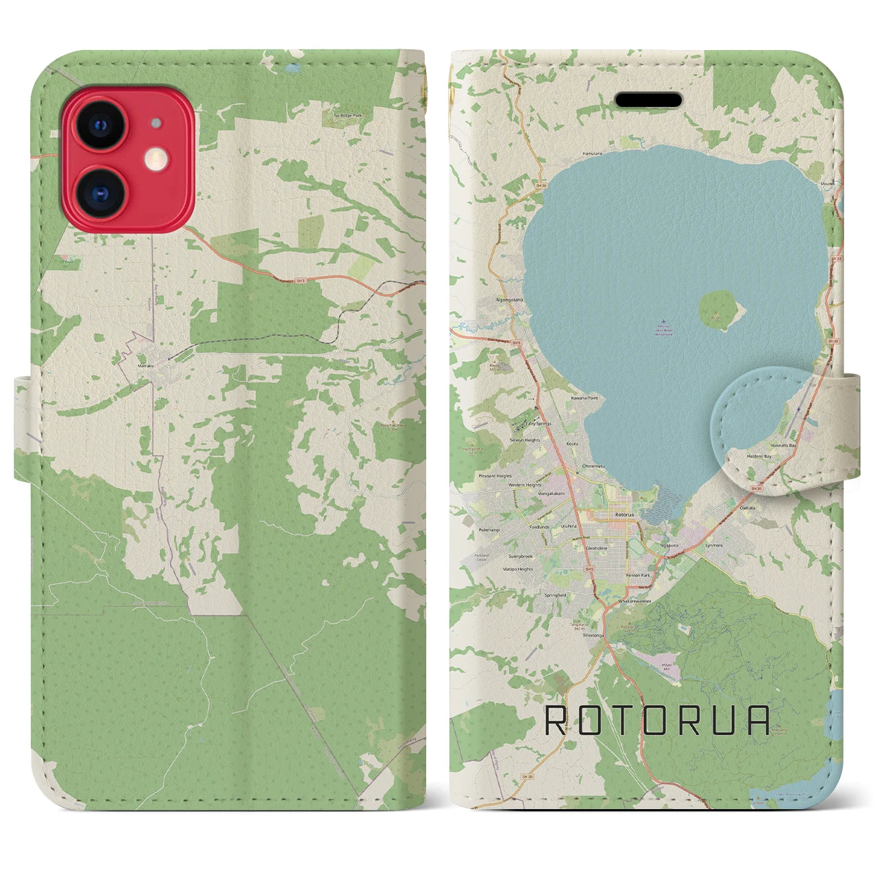 【ロトルア(ニュージーランド)】地図柄iPhoneケース(手帳タイプ)ナチュラル・iPhone 11 用