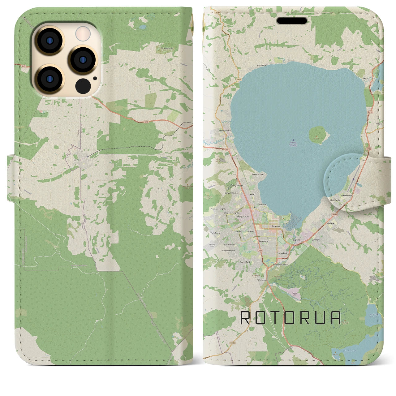 【ロトルア(ニュージーランド)】地図柄iPhoneケース(手帳タイプ)ナチュラル・iPhone 12 Pro Max 用