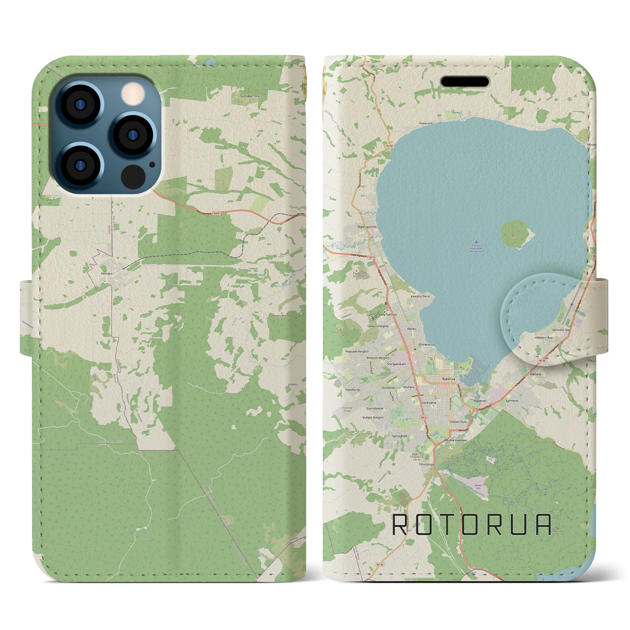 【ロトルア(ニュージーランド)】地図柄iPhoneケース(手帳タイプ)ナチュラル・iPhone 12 / 12 Pro 用