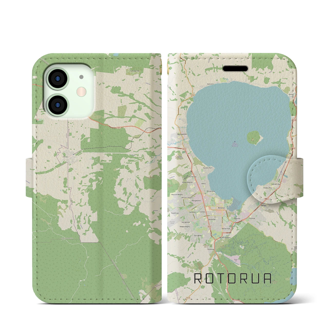 【ロトルア(ニュージーランド)】地図柄iPhoneケース(手帳タイプ)ナチュラル・iPhone 12 mini 用