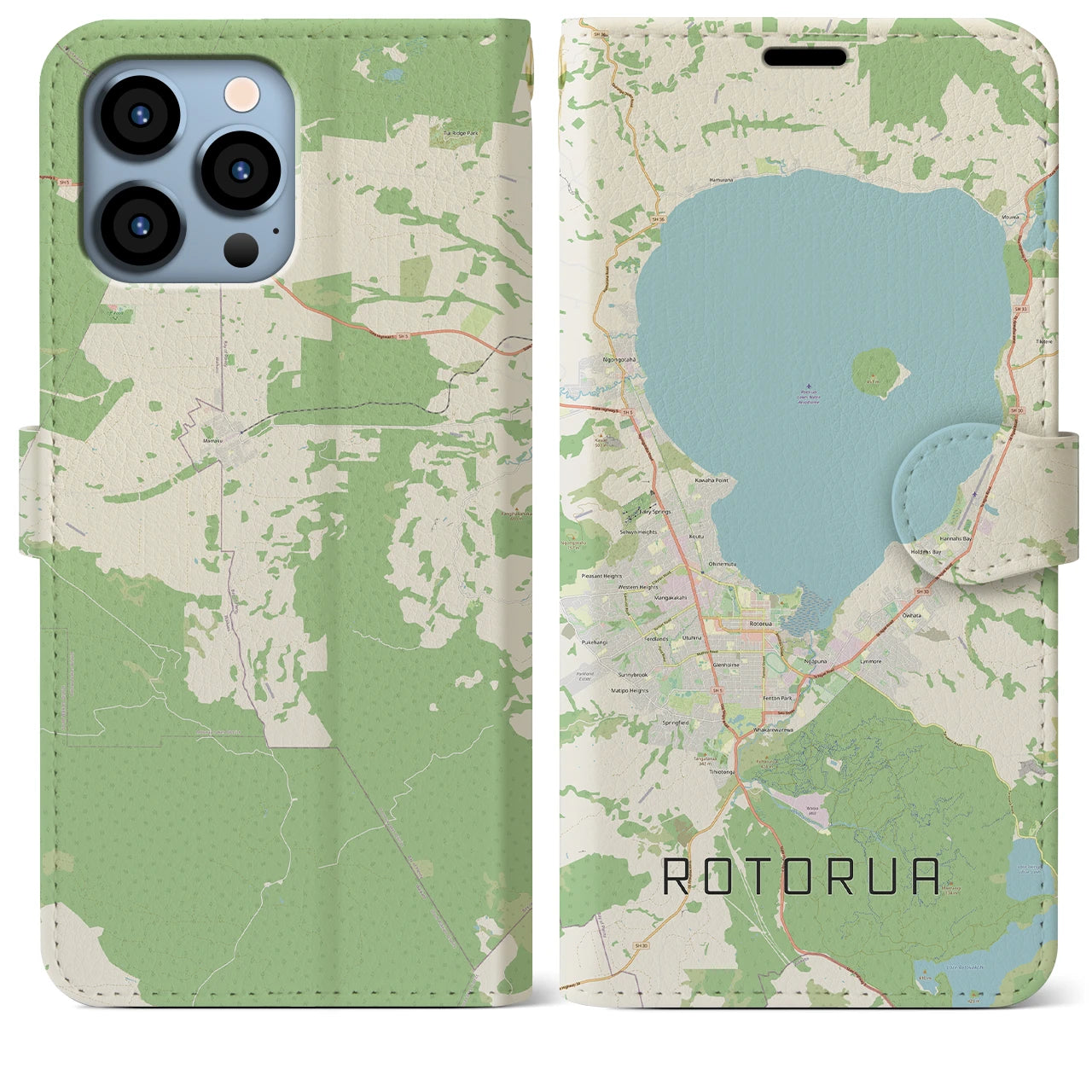 【ロトルア(ニュージーランド)】地図柄iPhoneケース(手帳タイプ)ナチュラル・iPhone 13 Pro Max 用