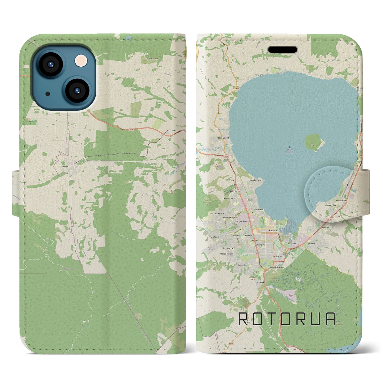 【ロトルア(ニュージーランド)】地図柄iPhoneケース(手帳タイプ)ナチュラル・iPhone 13 用