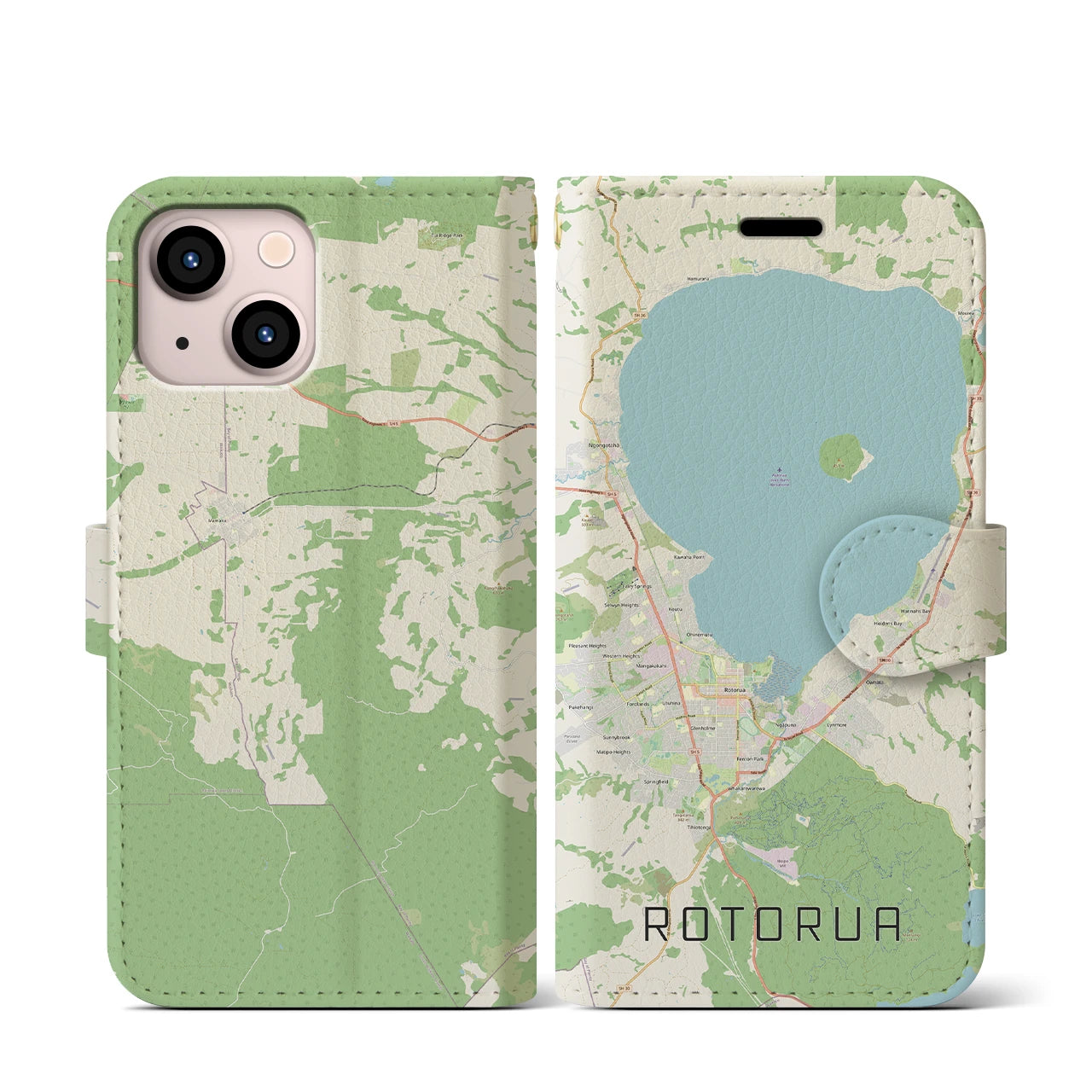 【ロトルア(ニュージーランド)】地図柄iPhoneケース(手帳タイプ)ナチュラル・iPhone 13 mini 用