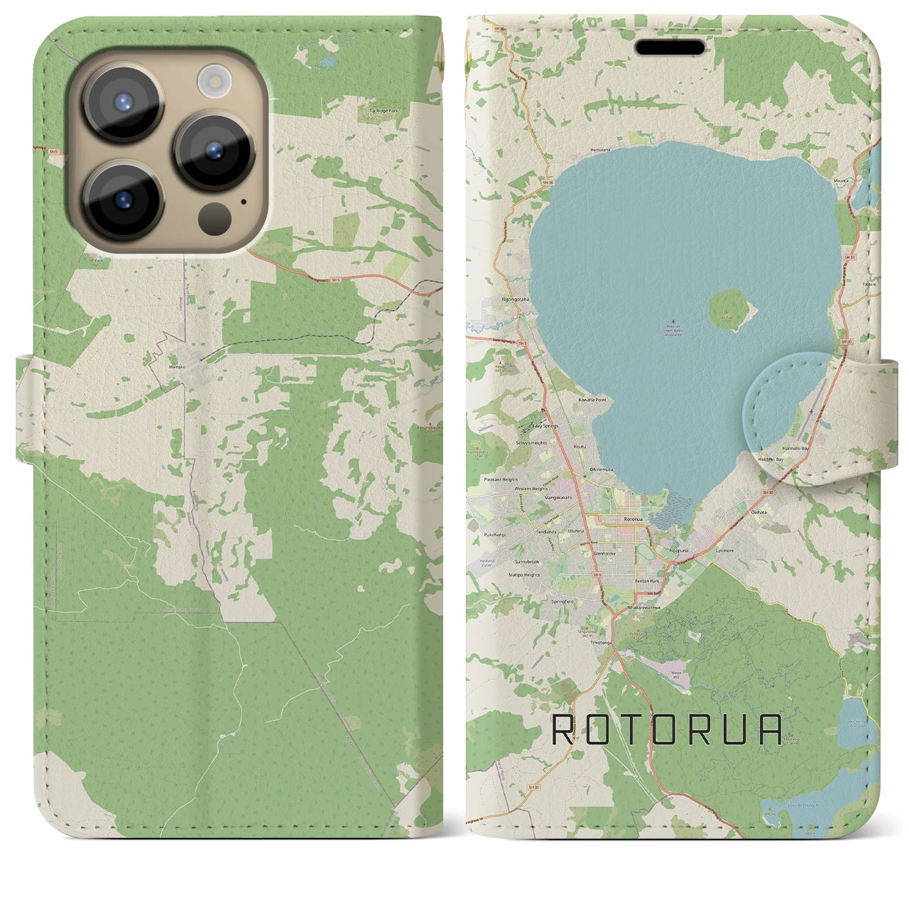 【ロトルア(ニュージーランド)】地図柄iPhoneケース(手帳タイプ)ナチュラル・iPhone 14 Pro Max 用