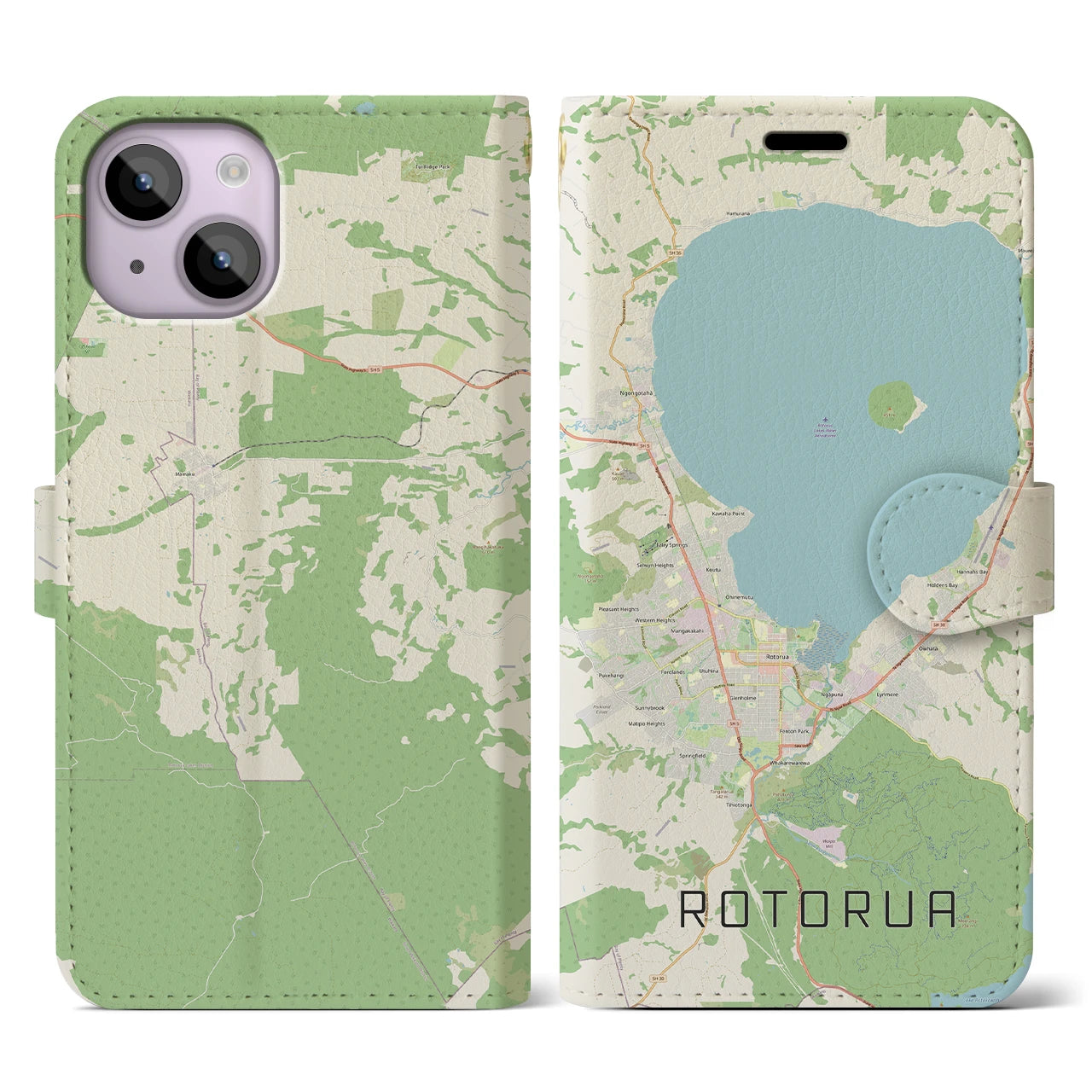 【ロトルア(ニュージーランド)】地図柄iPhoneケース(手帳タイプ)ナチュラル・iPhone 14 用