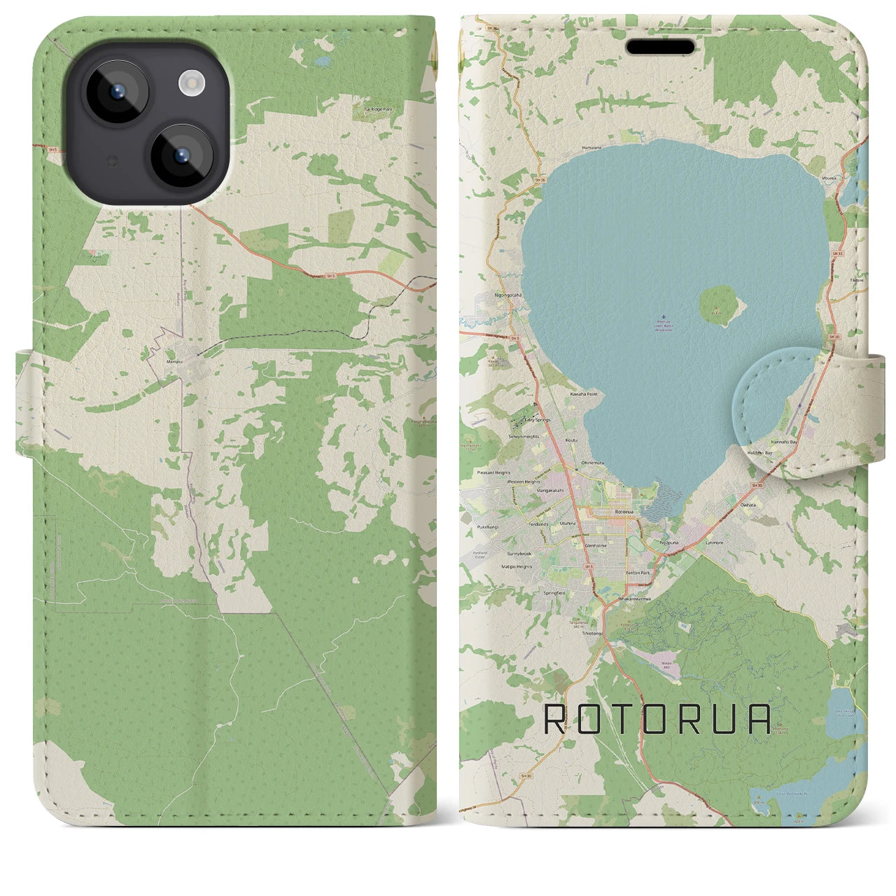 【ロトルア(ニュージーランド)】地図柄iPhoneケース(手帳タイプ)ナチュラル・iPhone 14 Plus 用