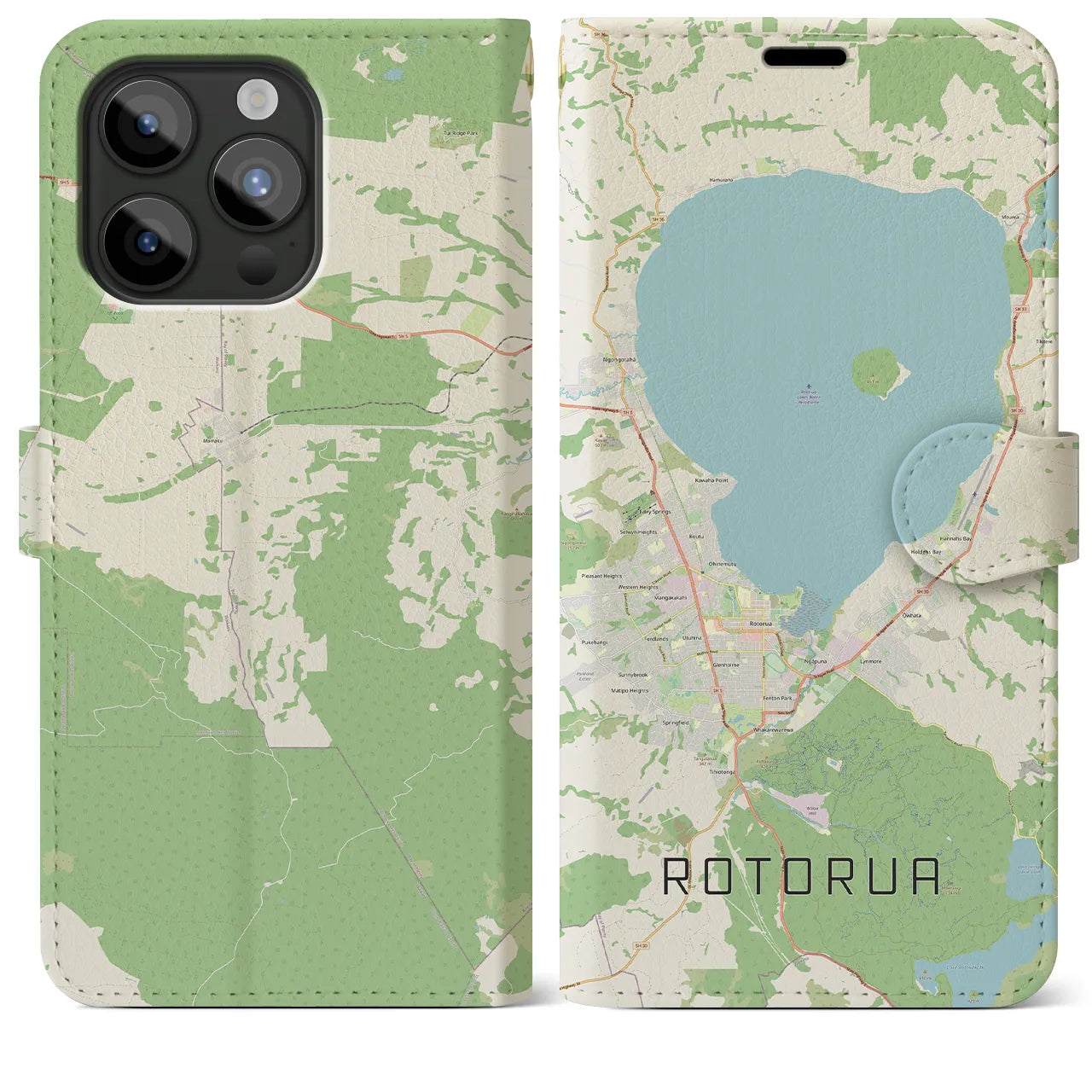 【ロトルア(ニュージーランド)】地図柄iPhoneケース(手帳タイプ)ナチュラル・iPhone 15 Pro Max 用