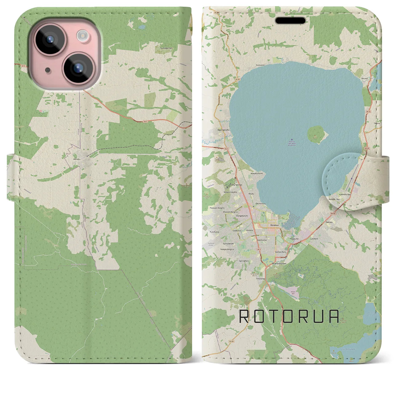 【ロトルア(ニュージーランド)】地図柄iPhoneケース(手帳タイプ)ナチュラル・iPhone 15 Plus 用